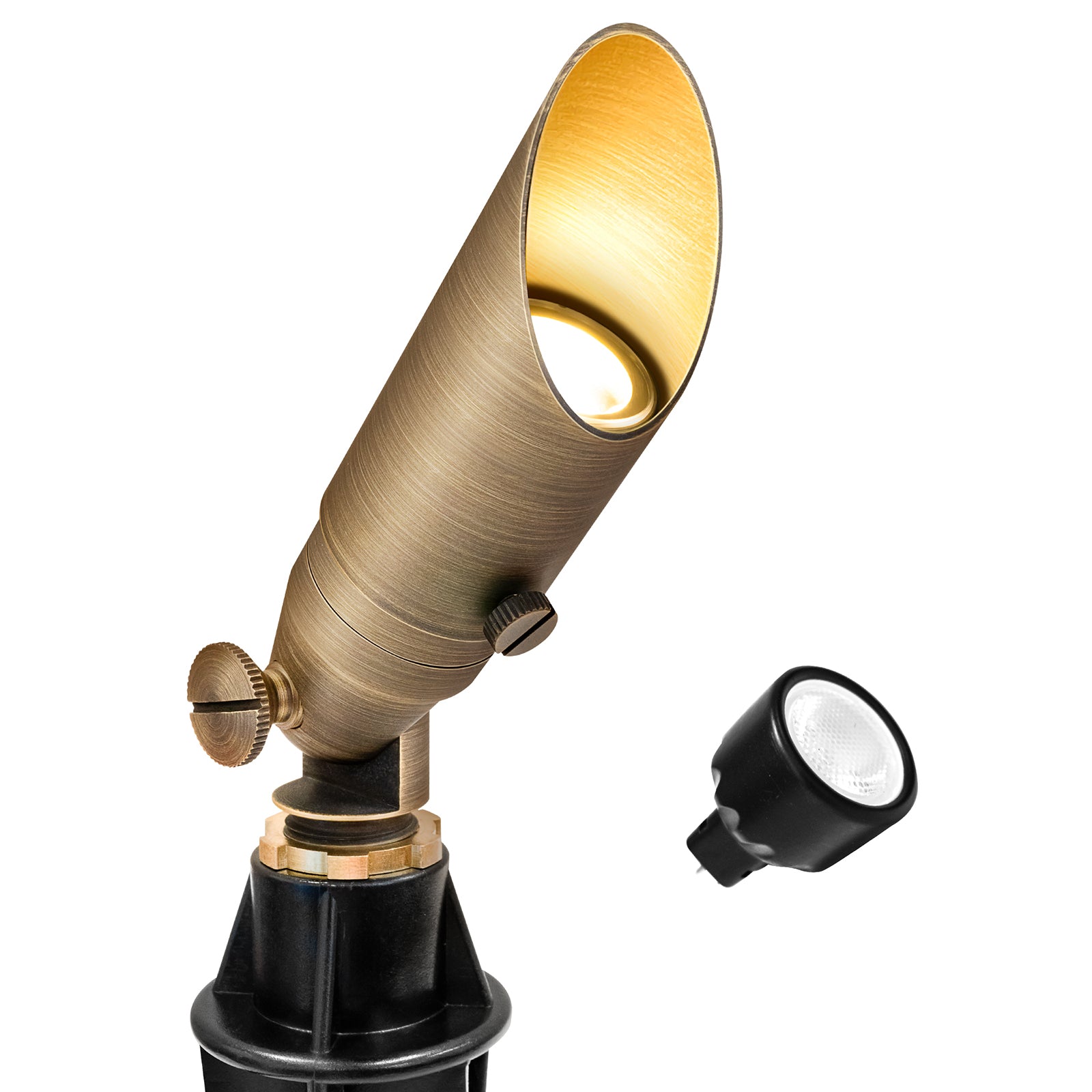 Low Voltage Mini Size Brass Spotlight, Shroud Adjustable, 12V AC/DC, 3W, 180lm (MR8 Bulb Included)