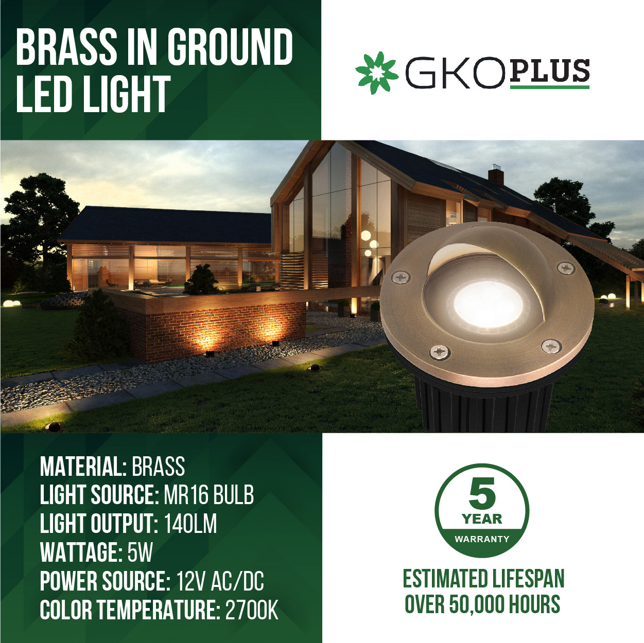 Low Voltage Brass In-ground Well Light, Beacon Top, 12V AC/DC, 5W, 140Lm, 2700K (MR16 Bulb Included)
