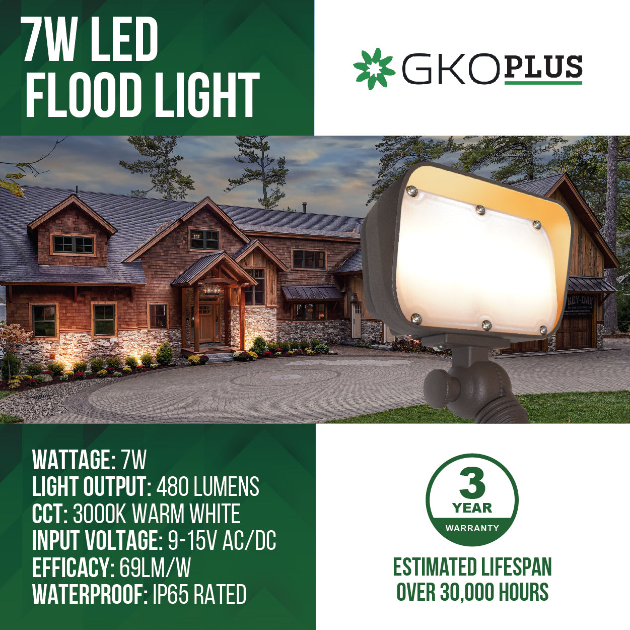 7W Low Voltage Flood Light, 9-15V AC/DC, 480LM, 3000K