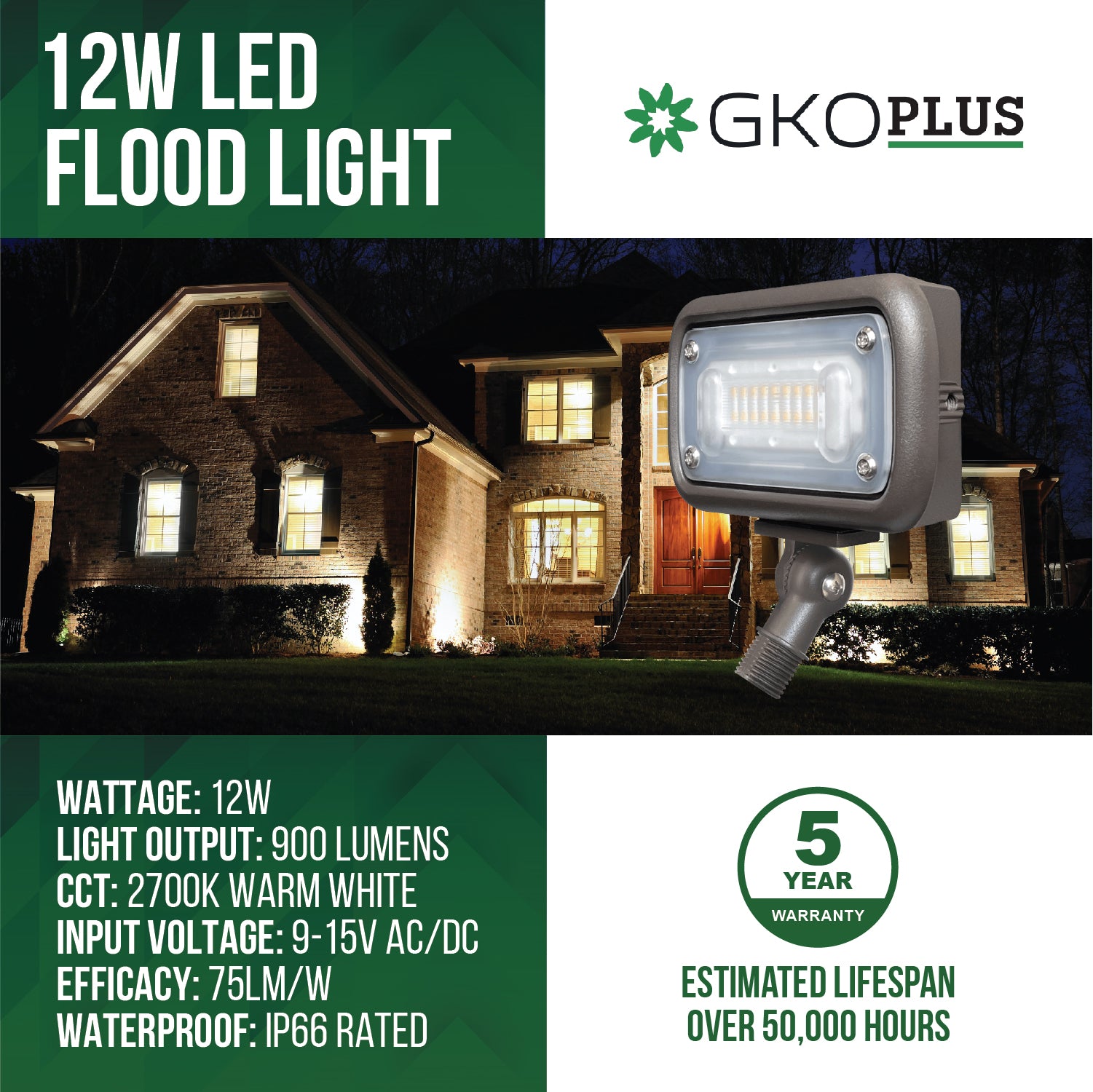 12W Low Voltage Flood Light, 9-15V AC/DC, IP66 Waterproof, 900LM, 2700K