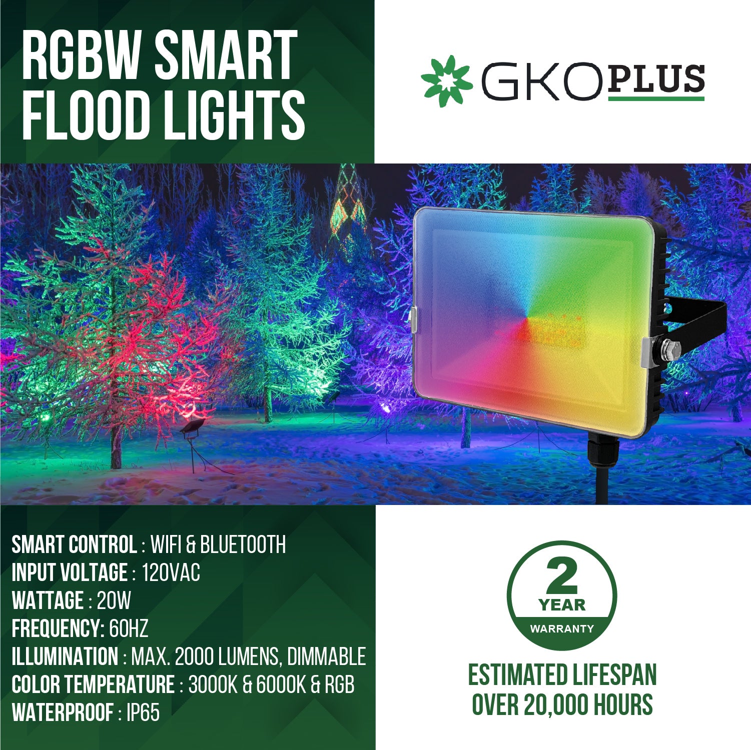 20W RGBCW APP Control Flood Light, 120V AC, IP65 Waterproof, Dimmable
