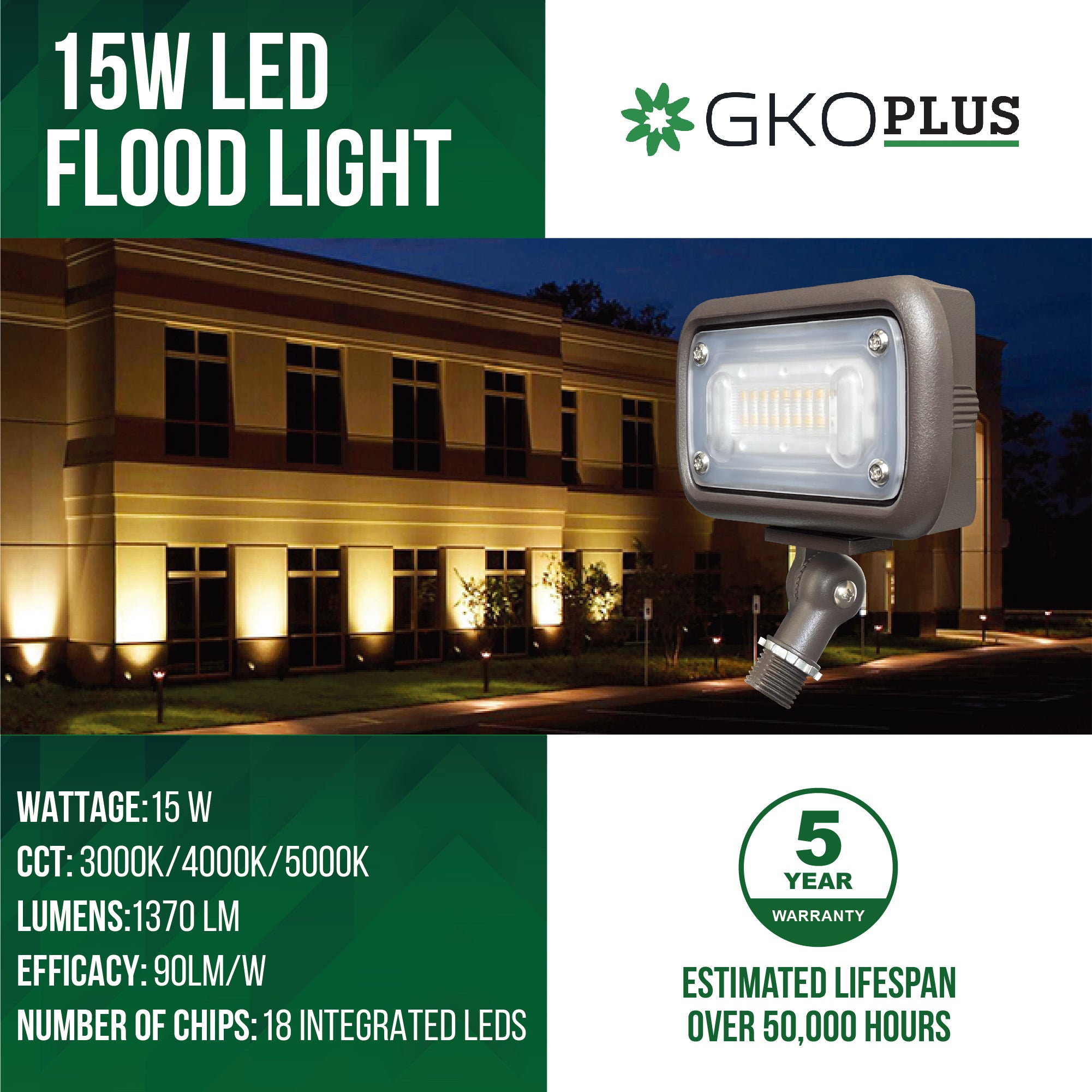 15W Flood Light, 120-277V, IP65 Waterproof, UL Listed