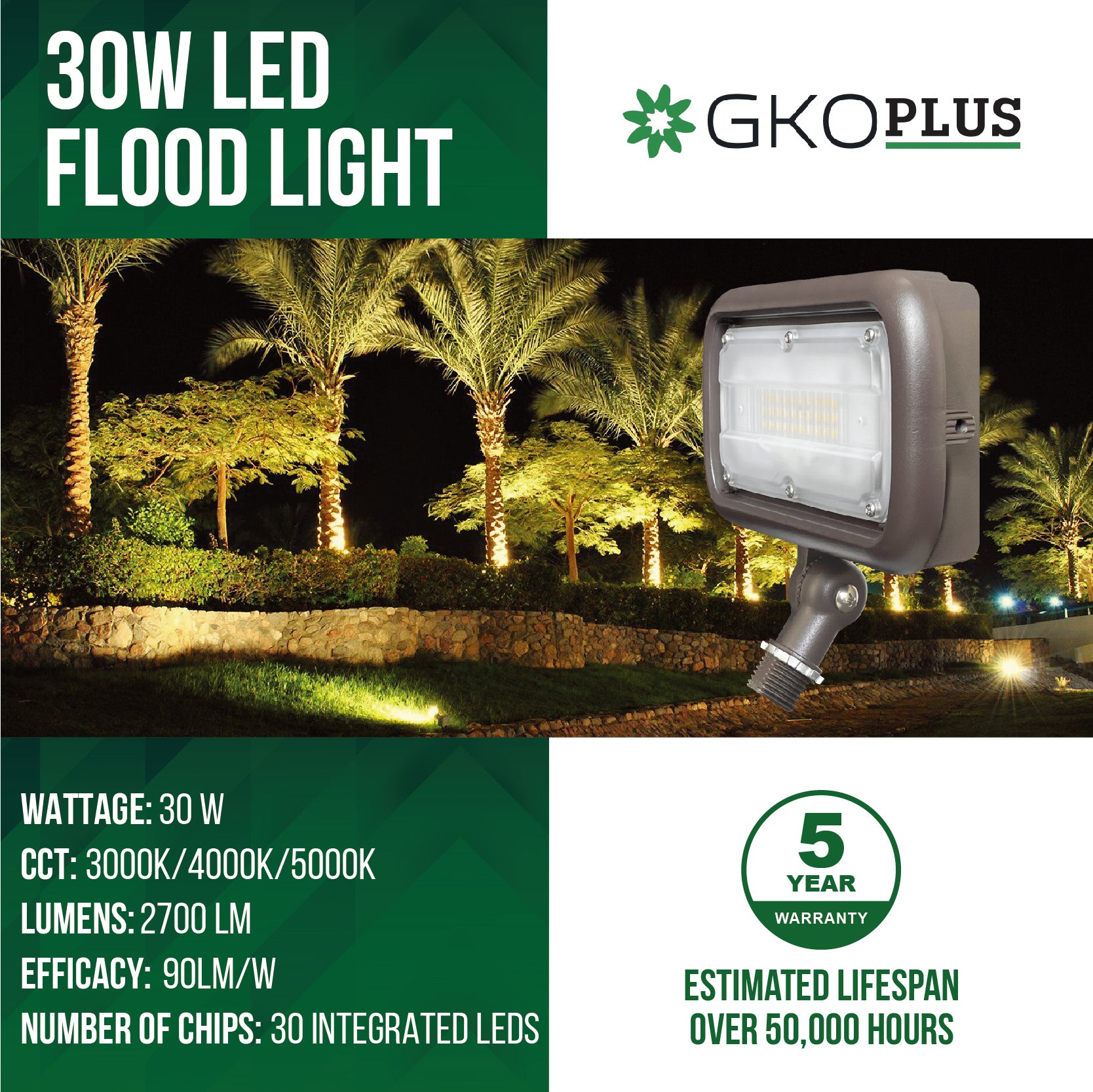 30W Security LED Flood Light, 120-277V, IP66 Waterproof, UL Listed