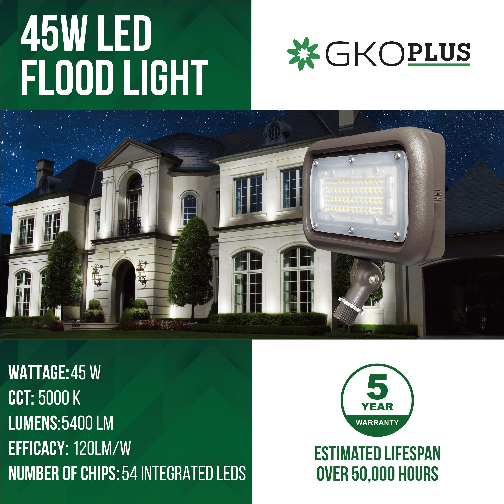 45W Security LED Flood Light, 120-277V AC, IP66 Waterproof, UL Listed