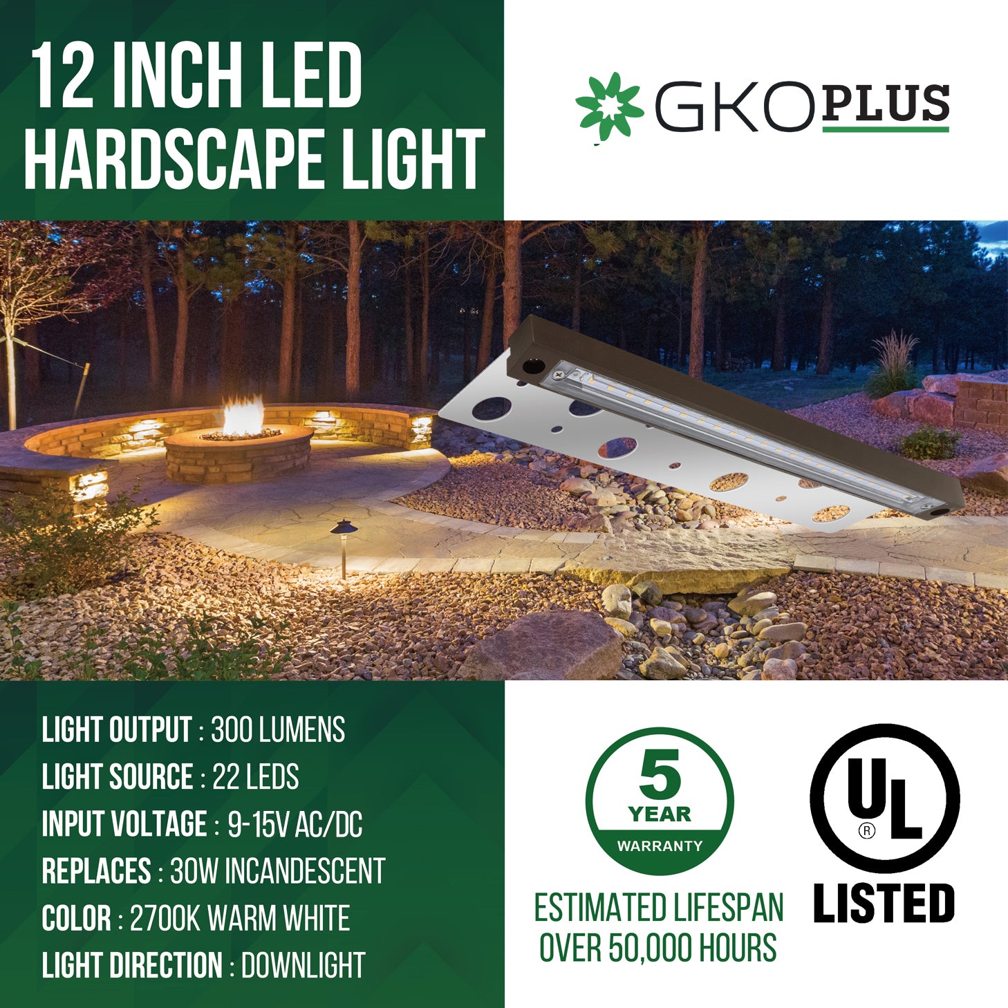 Low Voltage 12" Hardscape Light, 9-15V AC/DC, 4W, 2700K