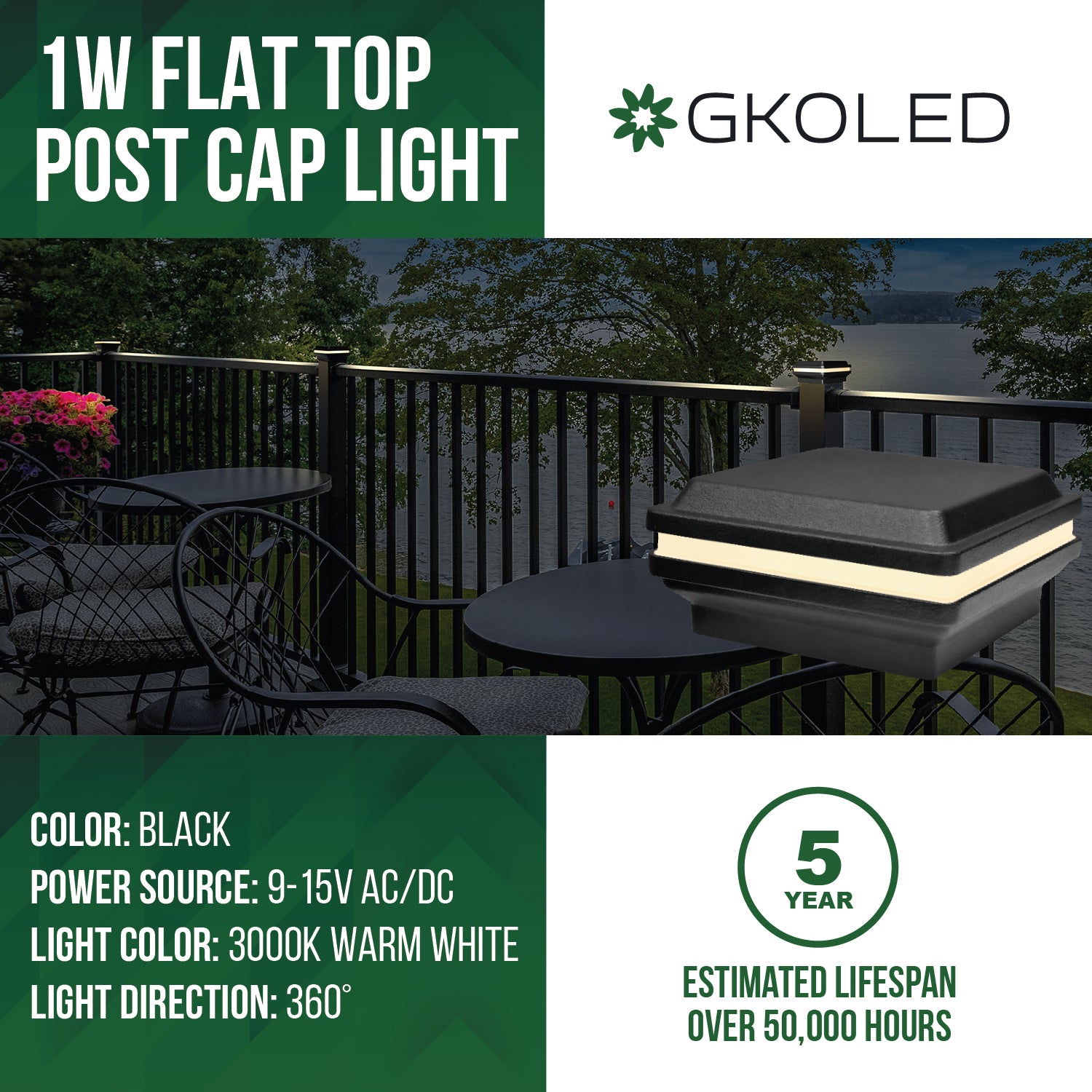 Low Voltage Post Cap Light, Flat Top, Black, 2.5"x2.5" Opening, 1W, 10lm, 3000K