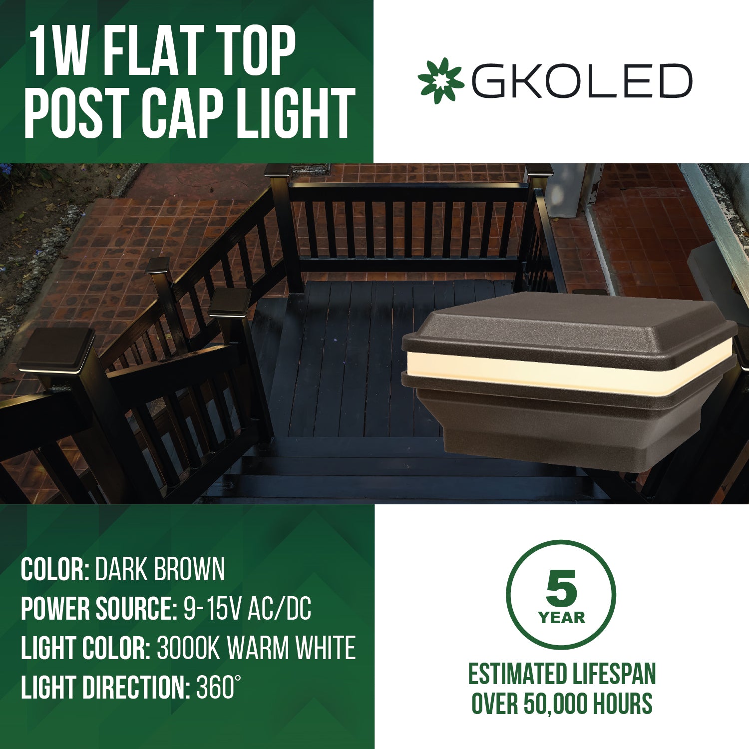 Low Voltage Post Cap Light, Flat Top, Dark Bronze, 3.0"x3.0" Opening, 1W, 11lm, 3000K