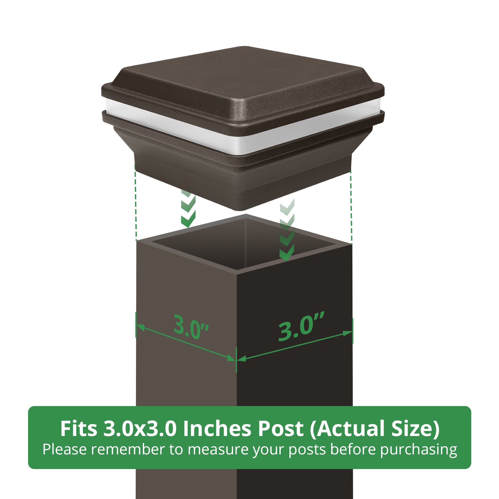 Low Voltage Post Cap Light, Flat Top, Dark Bronze, 3.0"x3.0" Opening, 1W, 11lm, 3000K