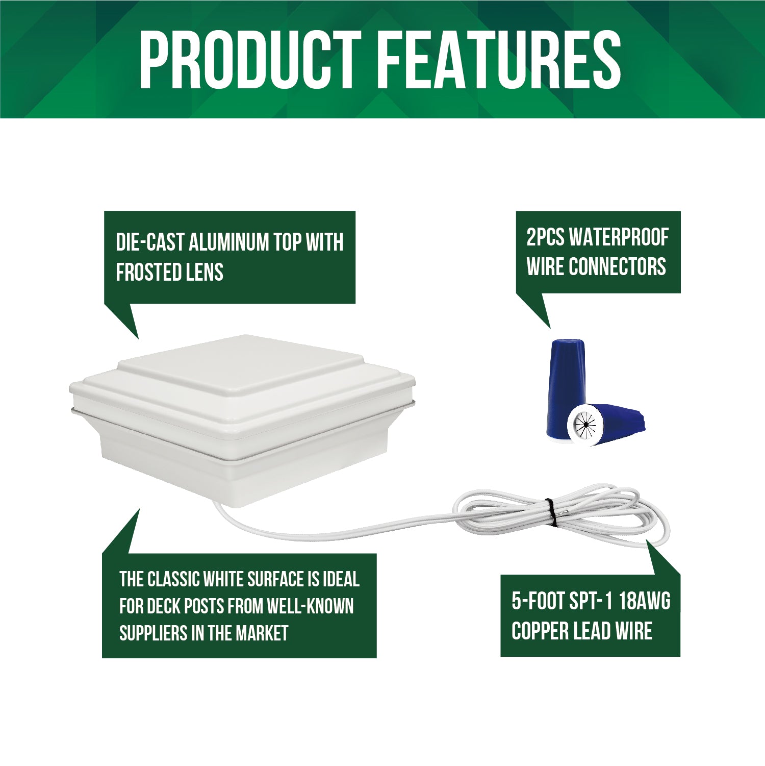Low Voltage Post Cap Light, Flat Top, Classic White, 4.5"x4.5" Opening, 2.5W, 12lm, 3000K