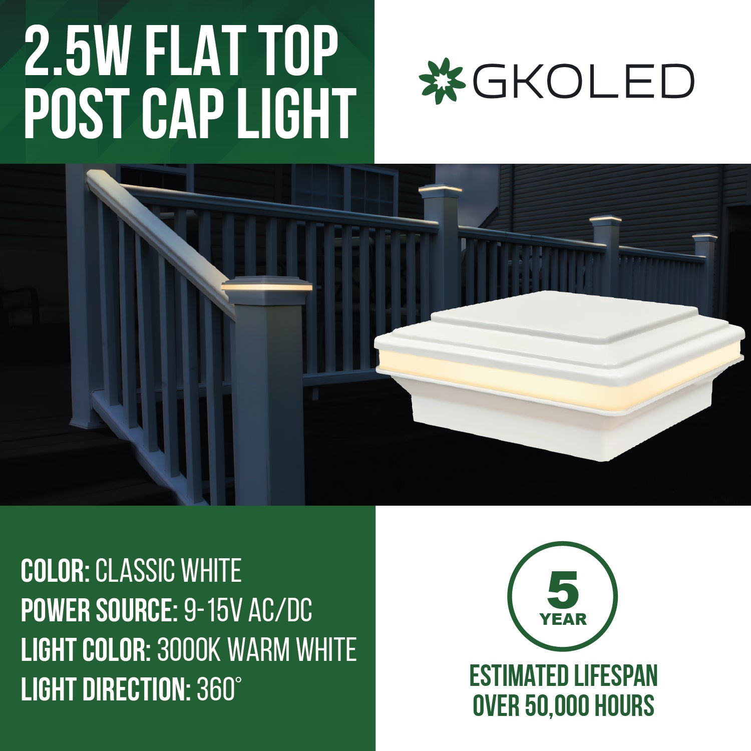 Low Voltage Post Cap Light, Flat Top, Classic White, 4.5"x4.5" Opening, 2.5W, 12lm, 3000K