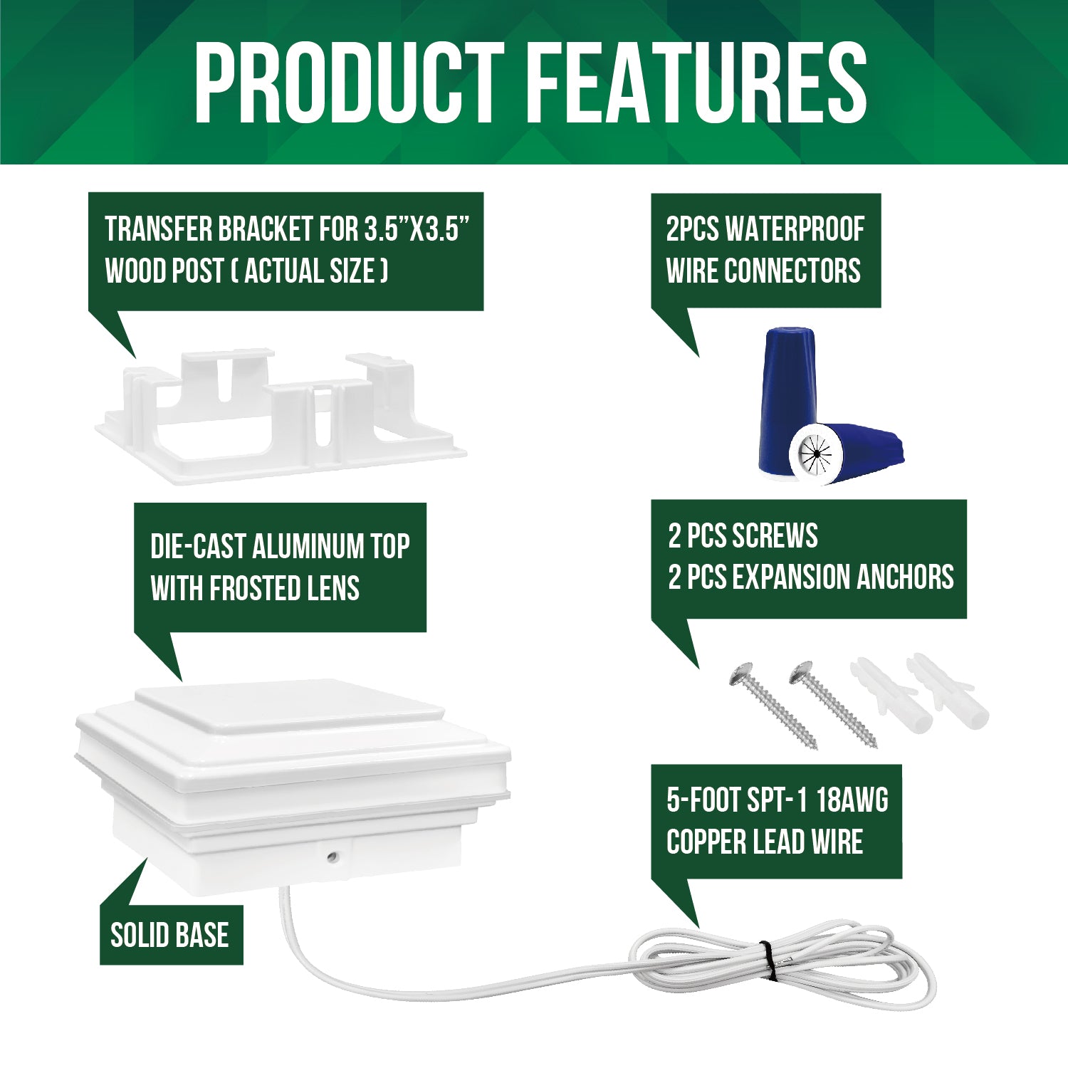 Low Voltage Post Cap Light, Flat Top, Glossy White, 4.0"x4.0" / 3.5" x 3.5" Opening, 3W, 30lm, 2700K