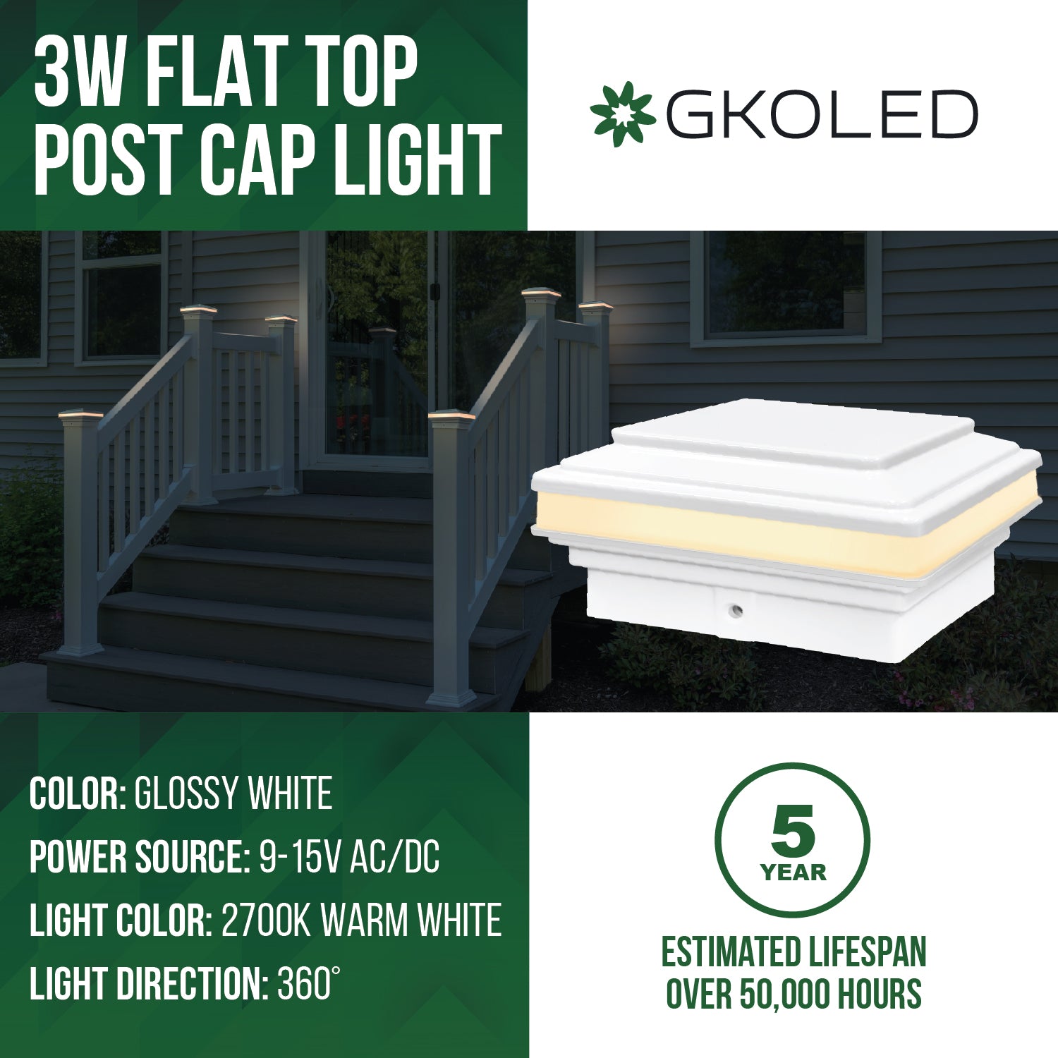 Low Voltage Post Cap Light, Flat Top, Glossy White, 4.0"x4.0" / 3.5" x 3.5" Opening, 3W, 30lm, 2700K
