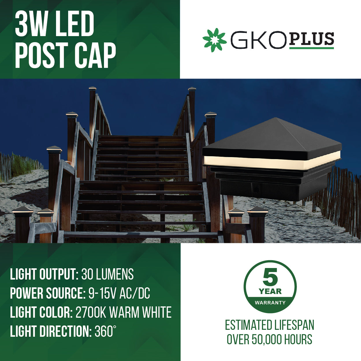 Low Voltage Pyramid Post Cap Lights,  9-15V AC/DC, 3W, 30 LM, 2700K, IP65, Black