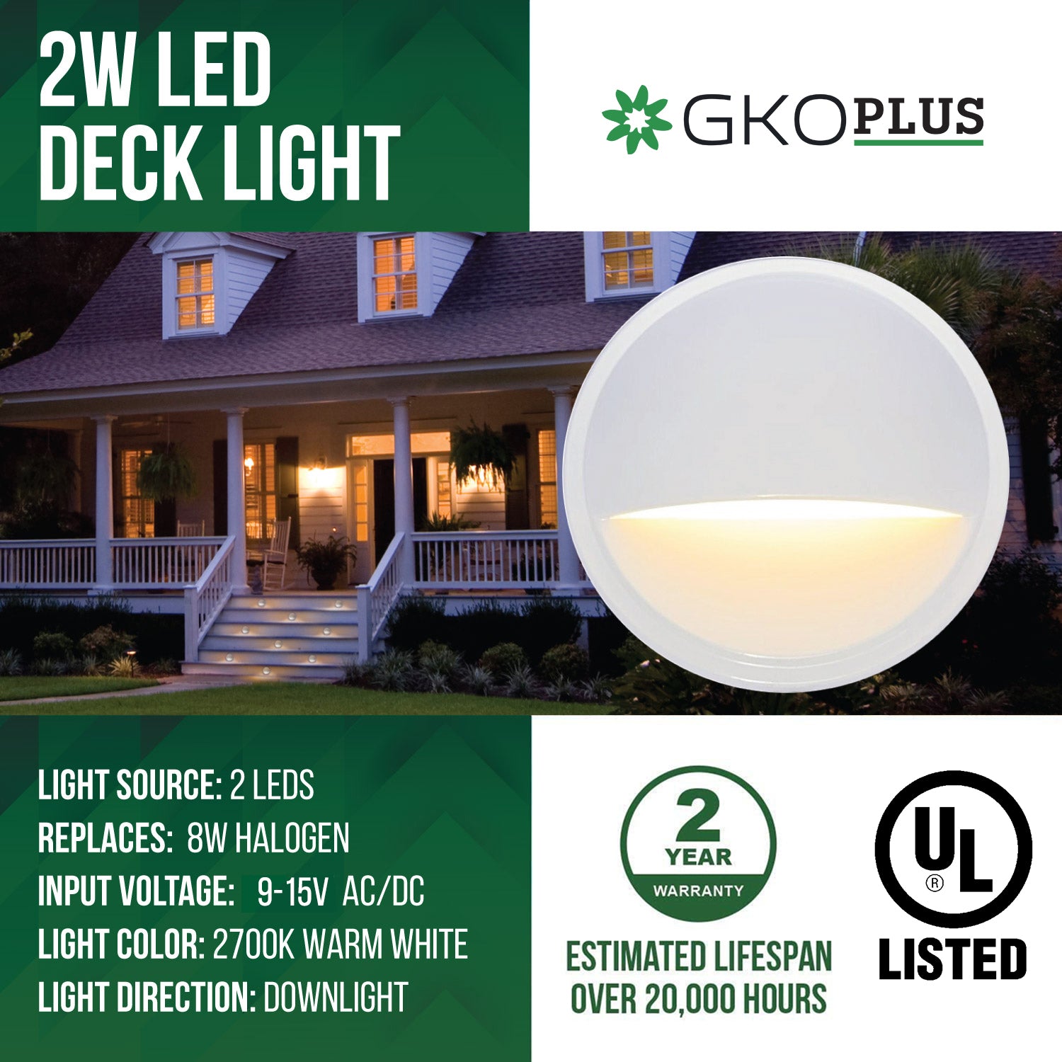 Low Voltage Eyelid Deck Post Light, Glossy White, Φ3.35" X H1.23", 9-15V AC/DC, 2W, 40lm