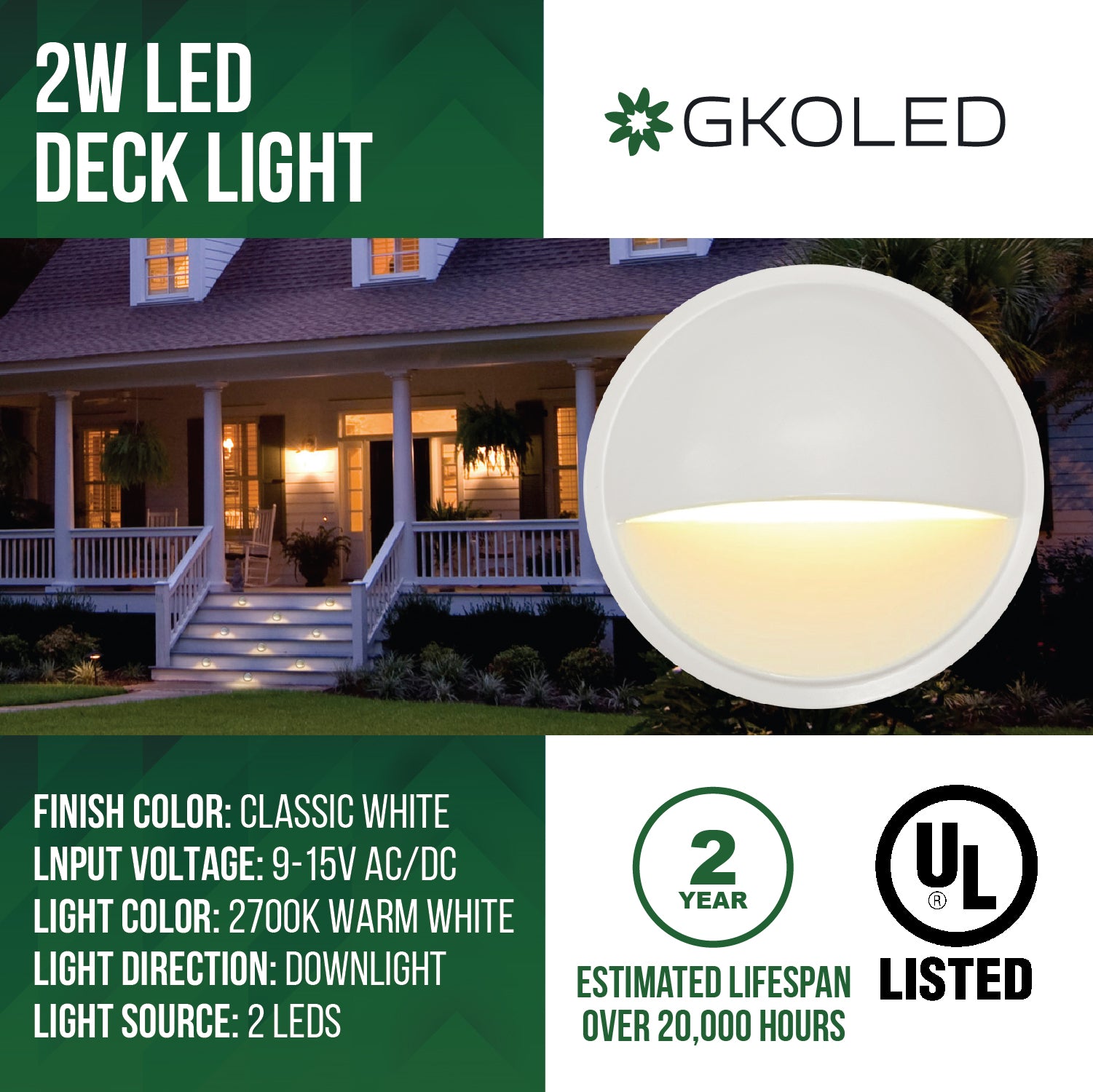 Low Voltage Eyelid Deck Post Light, Classic White, ∅3.35" X H1.23", 9-15V AC/DC, 2W, 40lm, 2700K