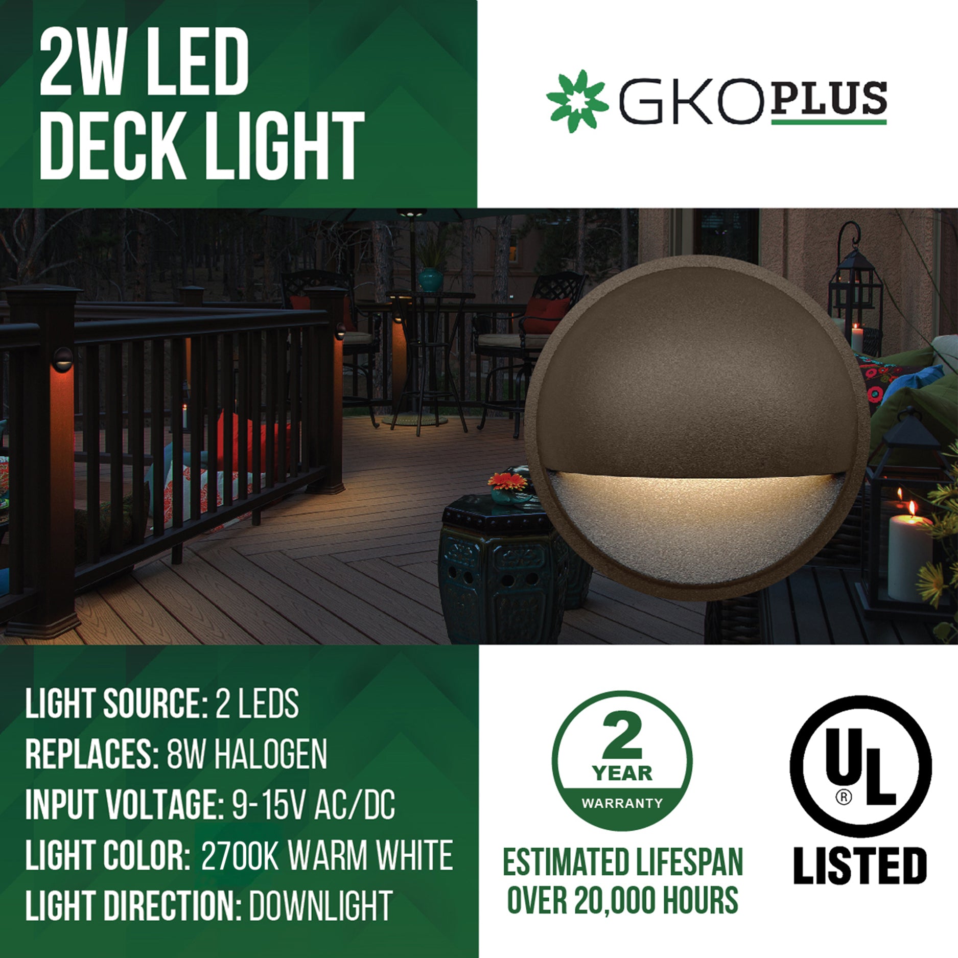 Low Voltage Eyelid Deck Post Light, Dark Brown, Φ3.35" X H1.23", 9-15V AC/DC, 2W, 30lm