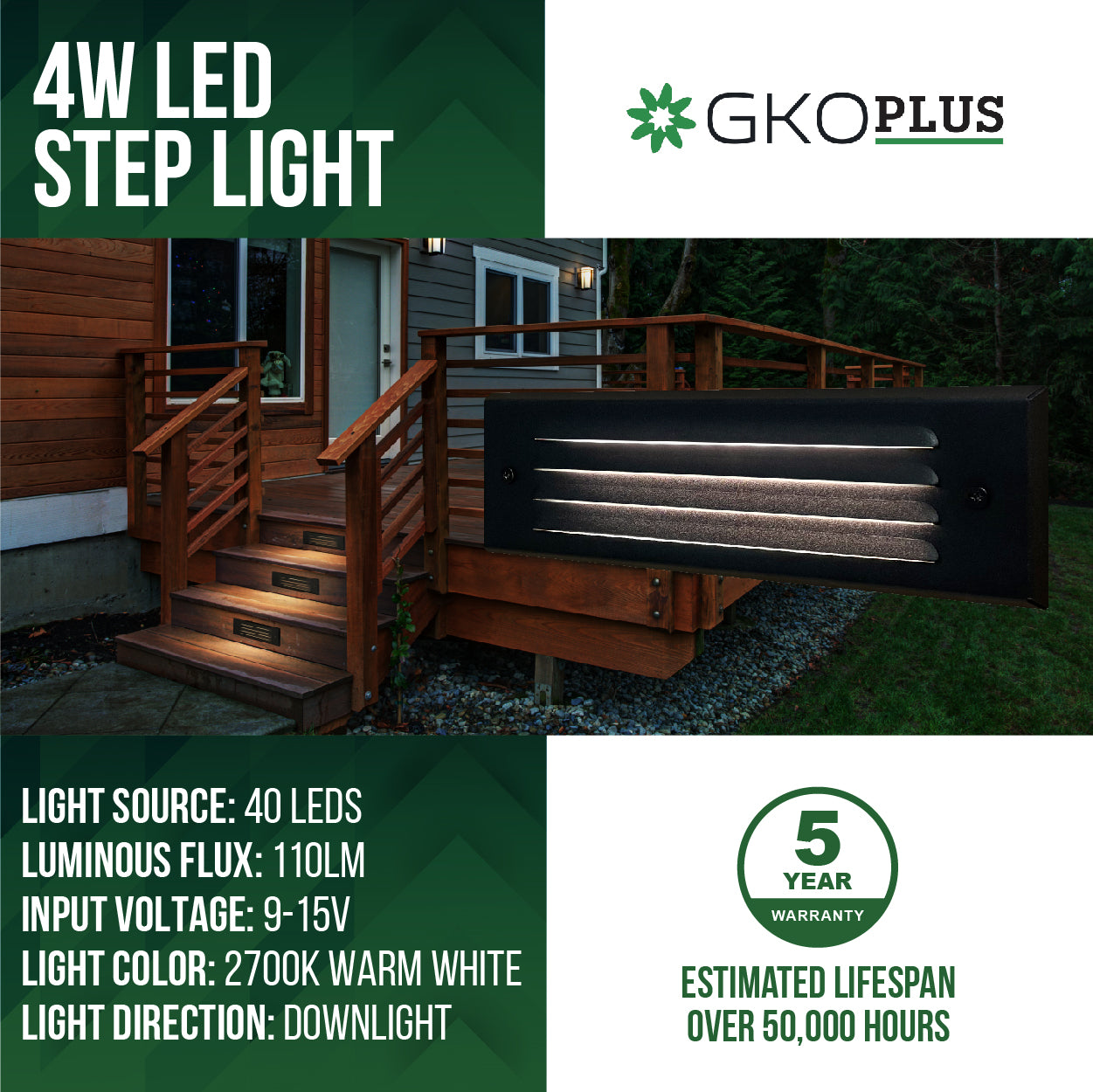 Low Voltage Louvered Step Light, 4W 12V Surface Mount, IP65,  9.37" x 2.87" x 0.55"
