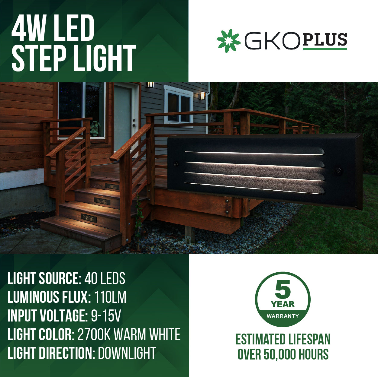 Low Voltage Louvered Step Light, 4W 9-15V AC/DC Surface Mount, IP65,  9.37" x 2.87" x 0.55"