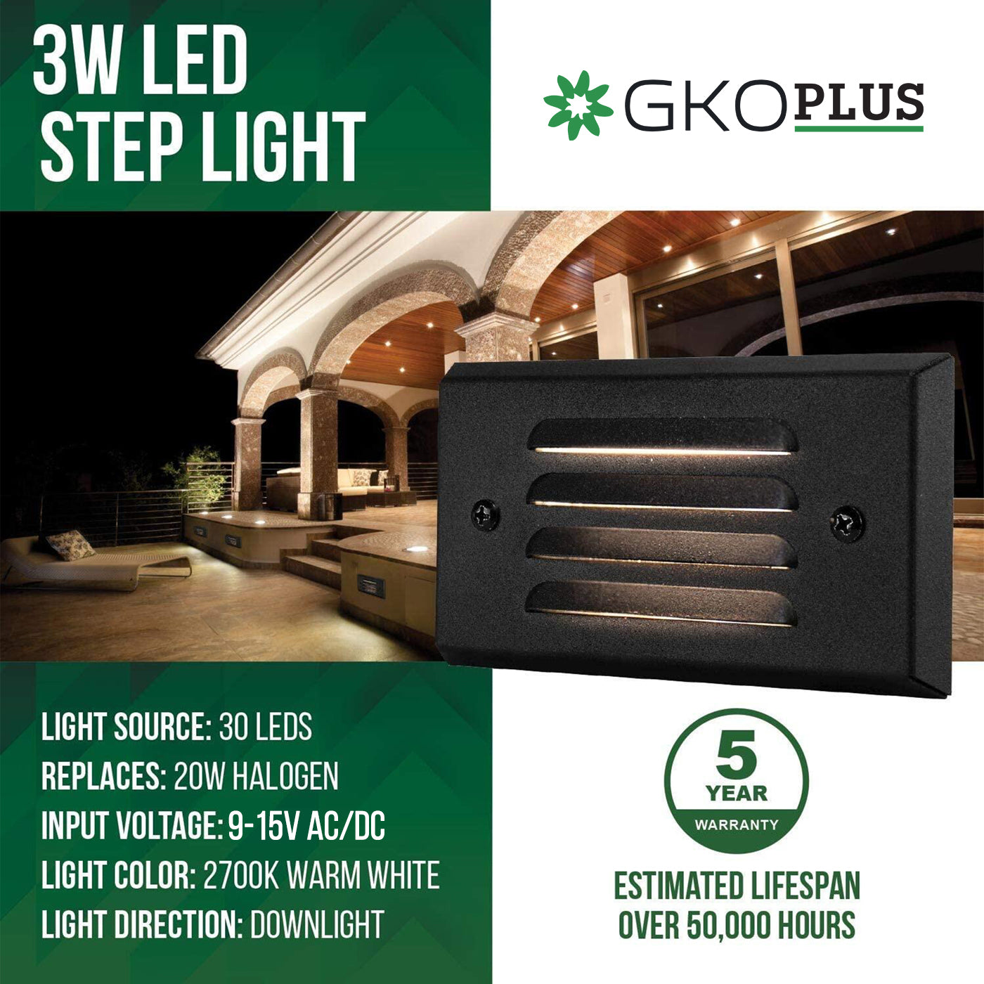 Low Voltage Louvered Step Light, 9-15V, 3W, IP65, 5.39" x 2.87" x 0.55", Black