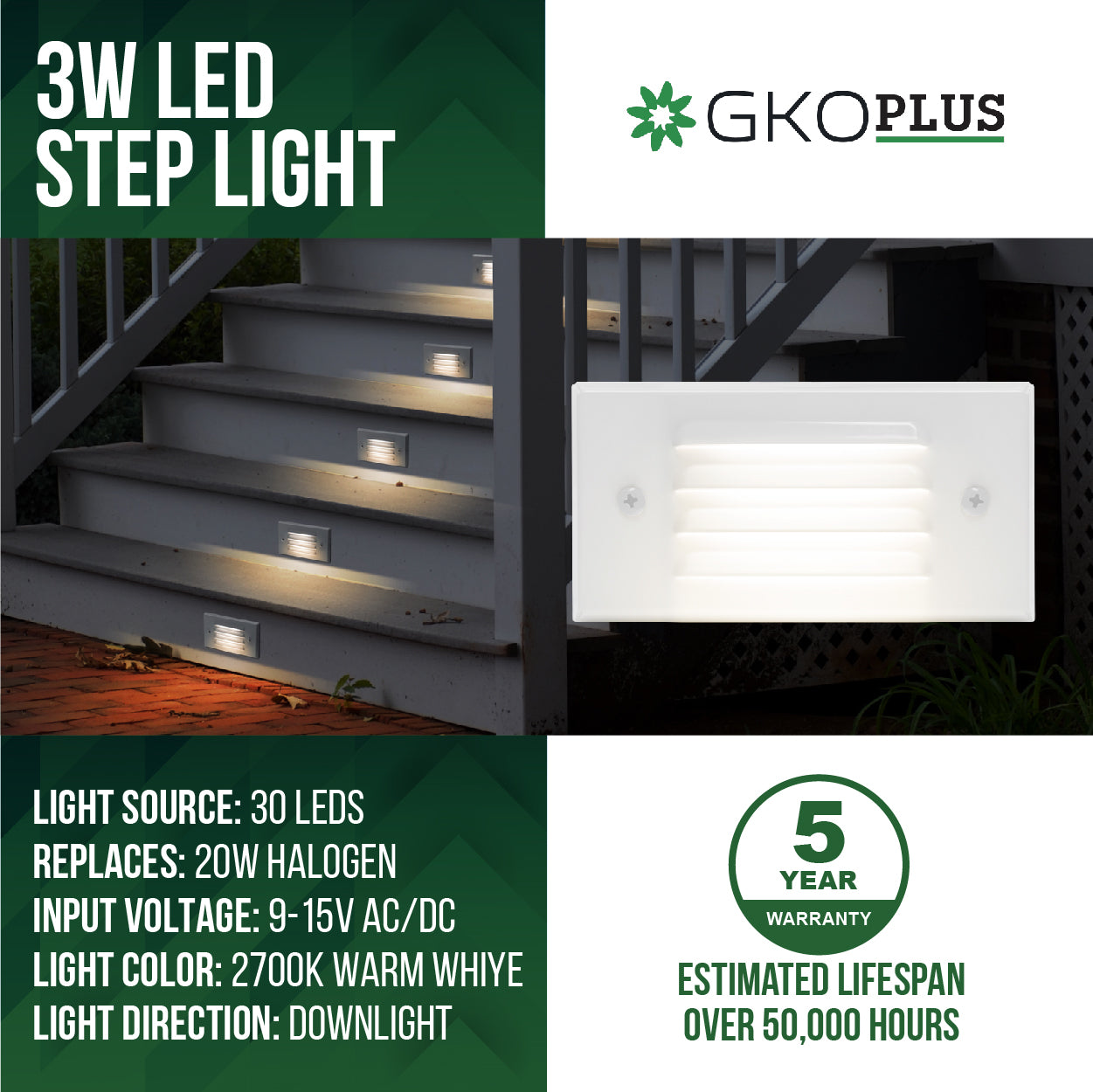 Low Voltage Louvered Step Light, 9-15V, 3W, IP65, 5.39" x 2.87" x 0.55", White