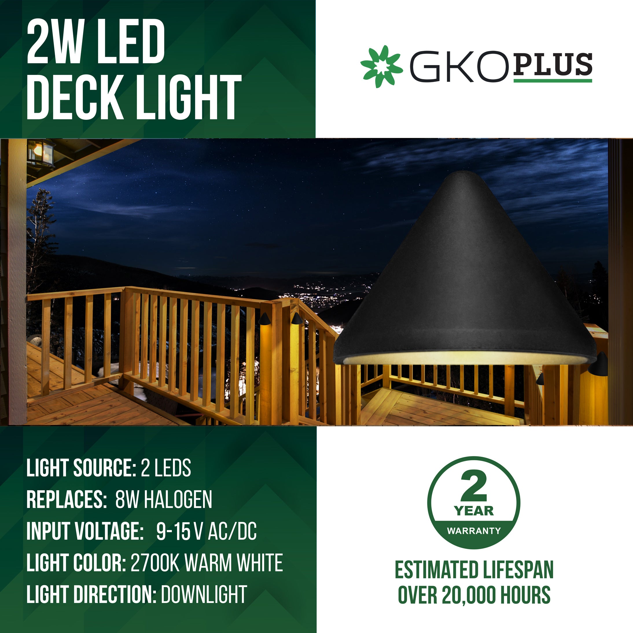 Low Voltage Triangle Deck Post Light, 9-15V AC/DC, 2W, 30lm