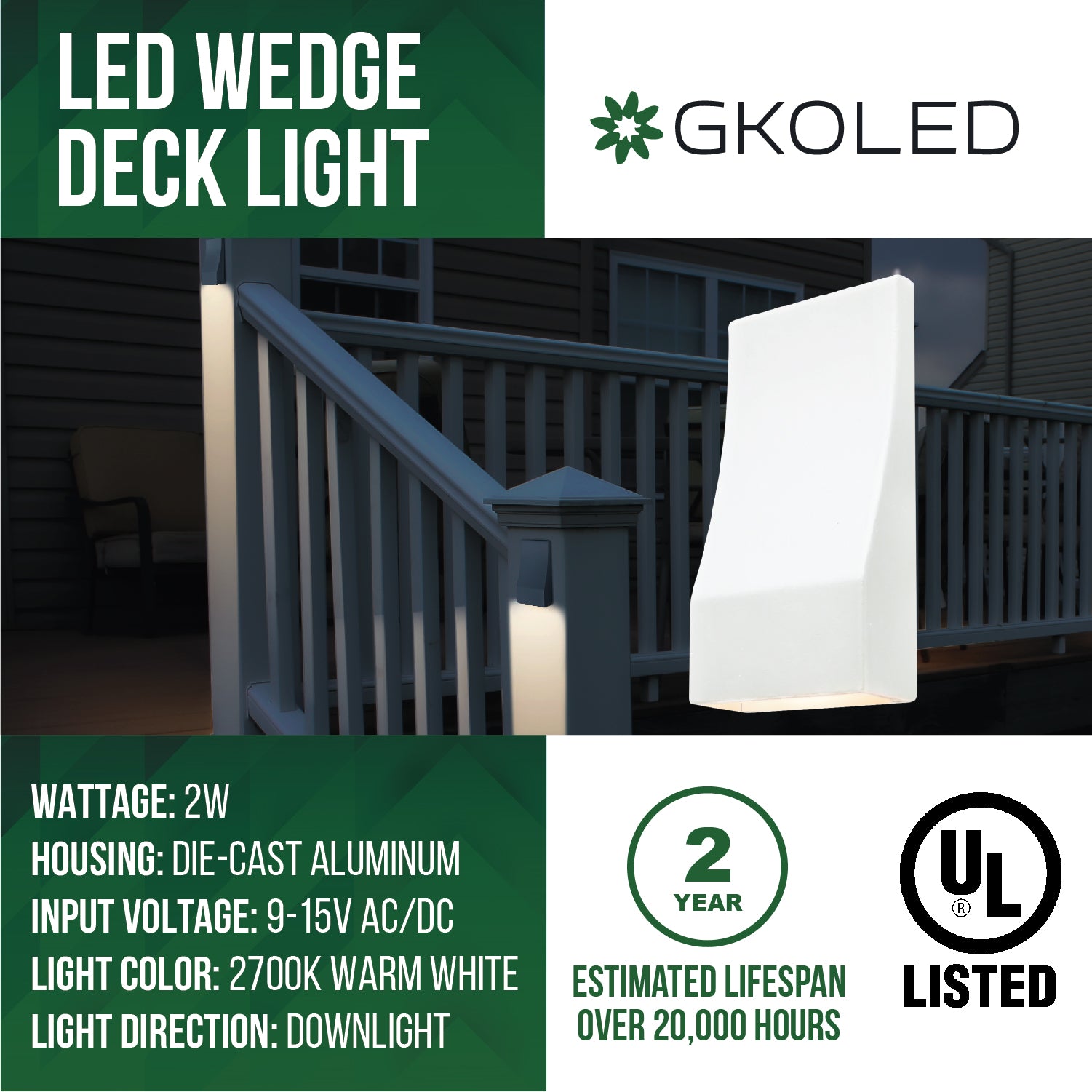 Low Voltage Rectangle Deck Post Light, Wedge Lights, White, 9-15V AC/DC, 2W, 30lm