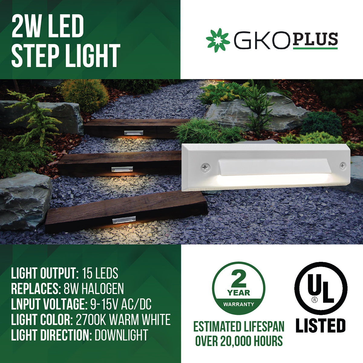 Low Voltage Linear Step Light, 9-15V AC/DC, 2W, 2700K, White, ‎7.36" x 1.70" x 0.52"