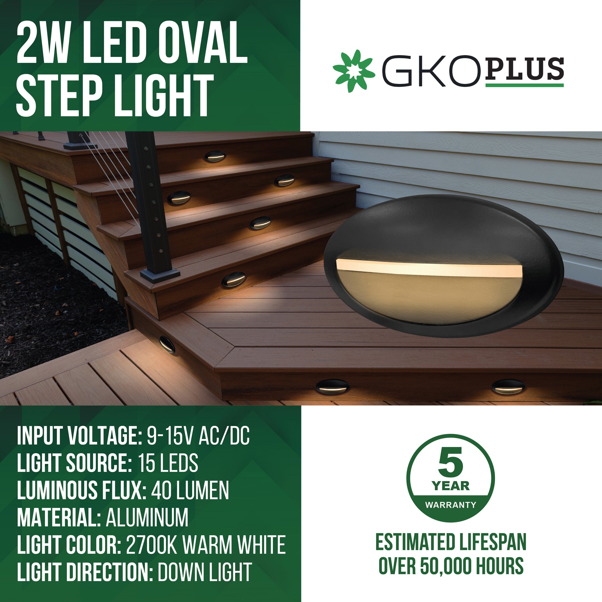 Low Voltage Oval Step Light, 9-15V AC/DC, 2W, 2700K