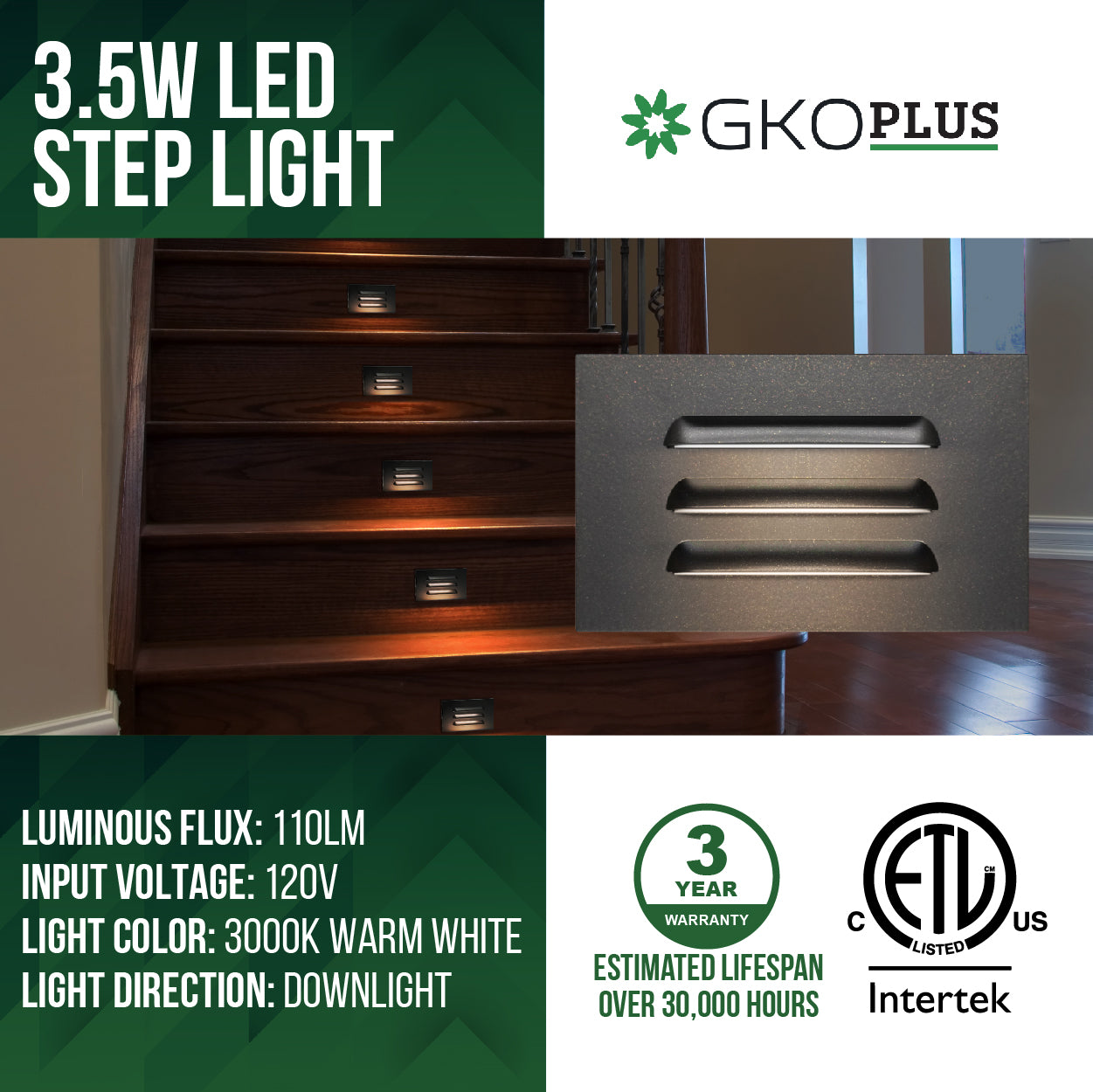 Line Voltage Louvered Dimmable Step Light, 120V, 3.5W, 110LM, 4.72" x 2.87" x 0.39", ETL Listed, Black