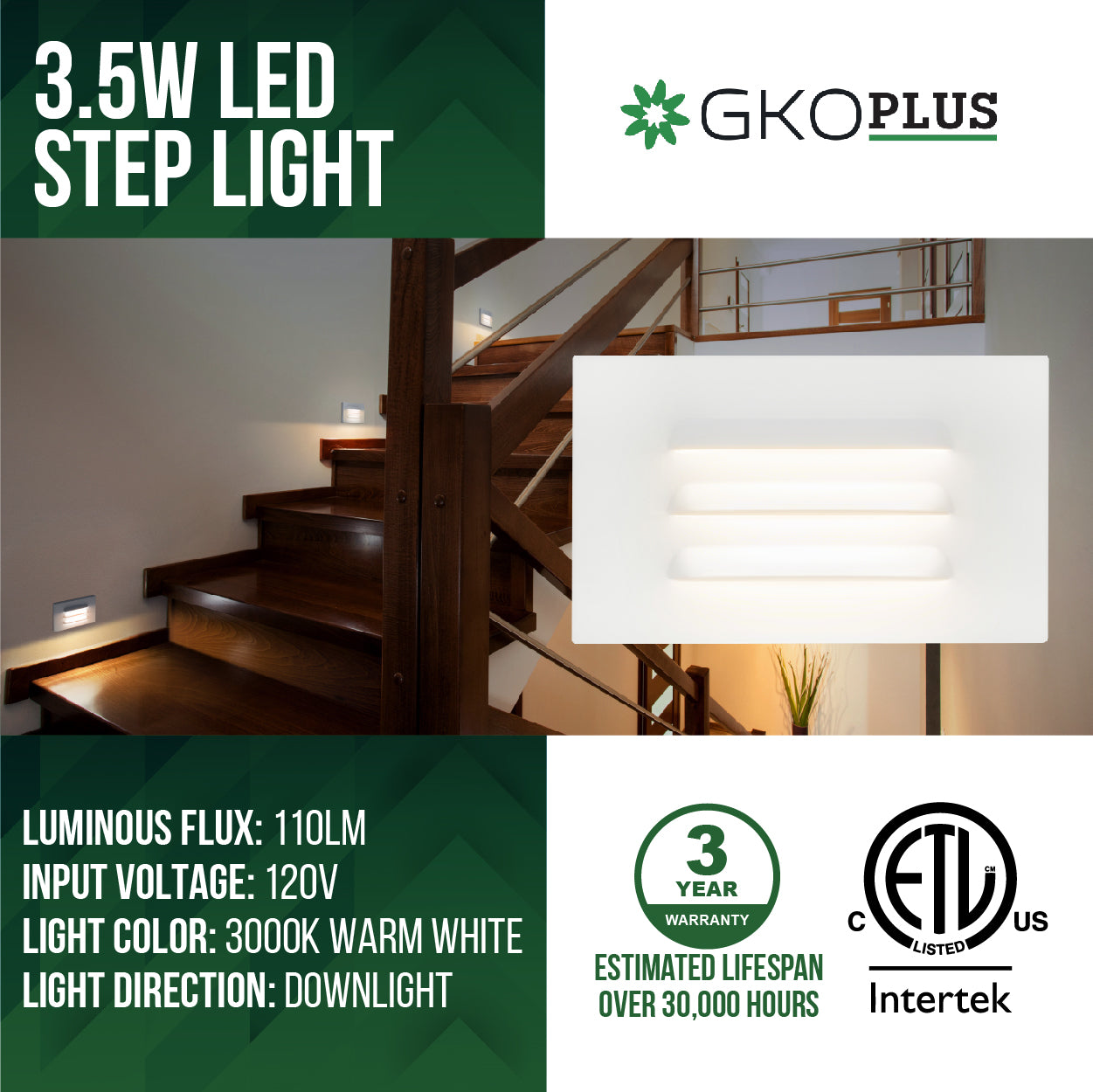 Line Voltage Louvered Dimmable Step Light, 120V, 3.5W, 110LM, 4.72" x 2.87" x 0.39", ETL Listed, White