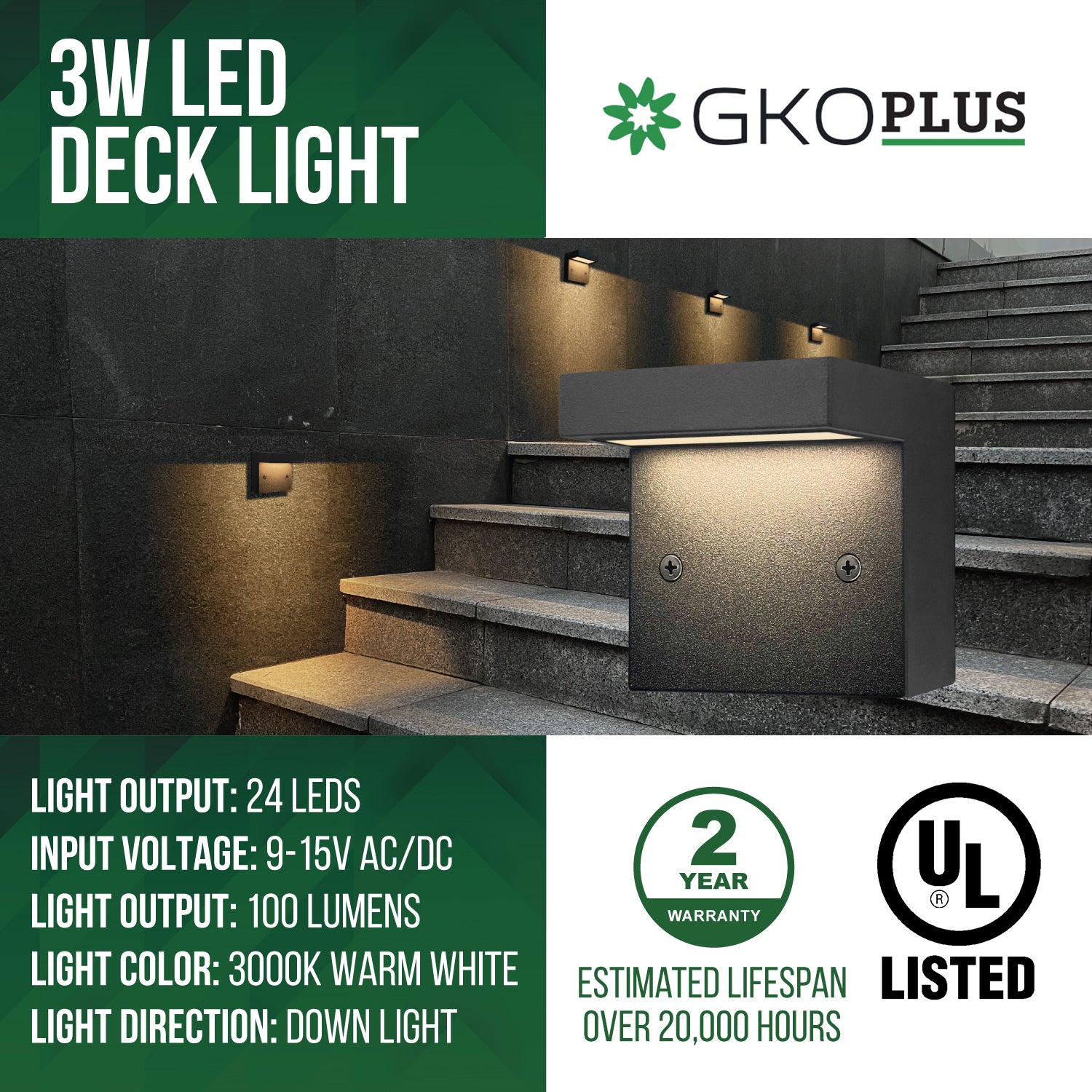 Low Voltage Square Deck Light with 3W Integrated LED Chips, 9-15V AC/DC, 3000K, Black