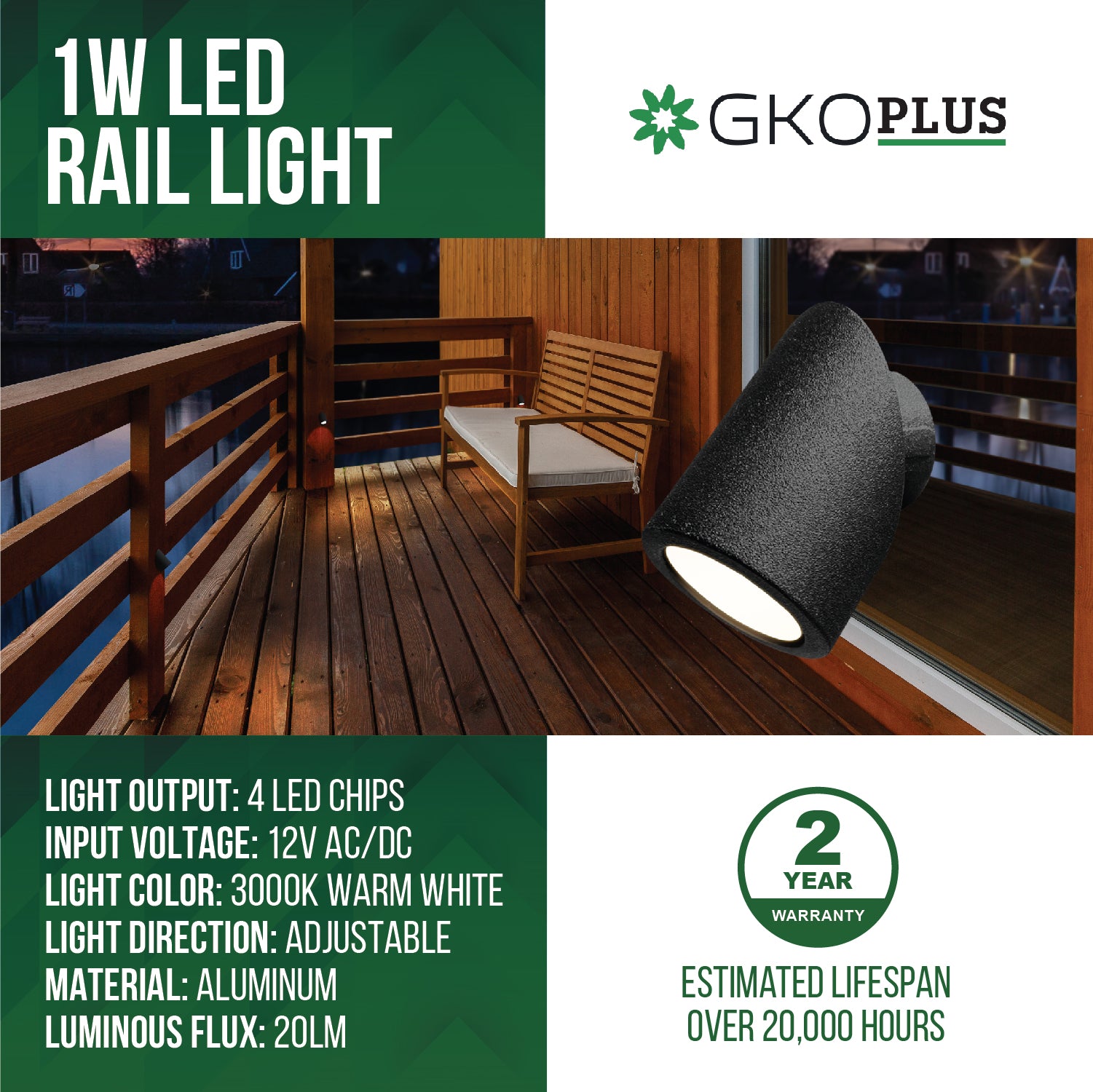 Low Voltage Rotatable Deck Post Light, Rail Lights, Black, 12V AC/DC, 1W, 20lm, 3000K