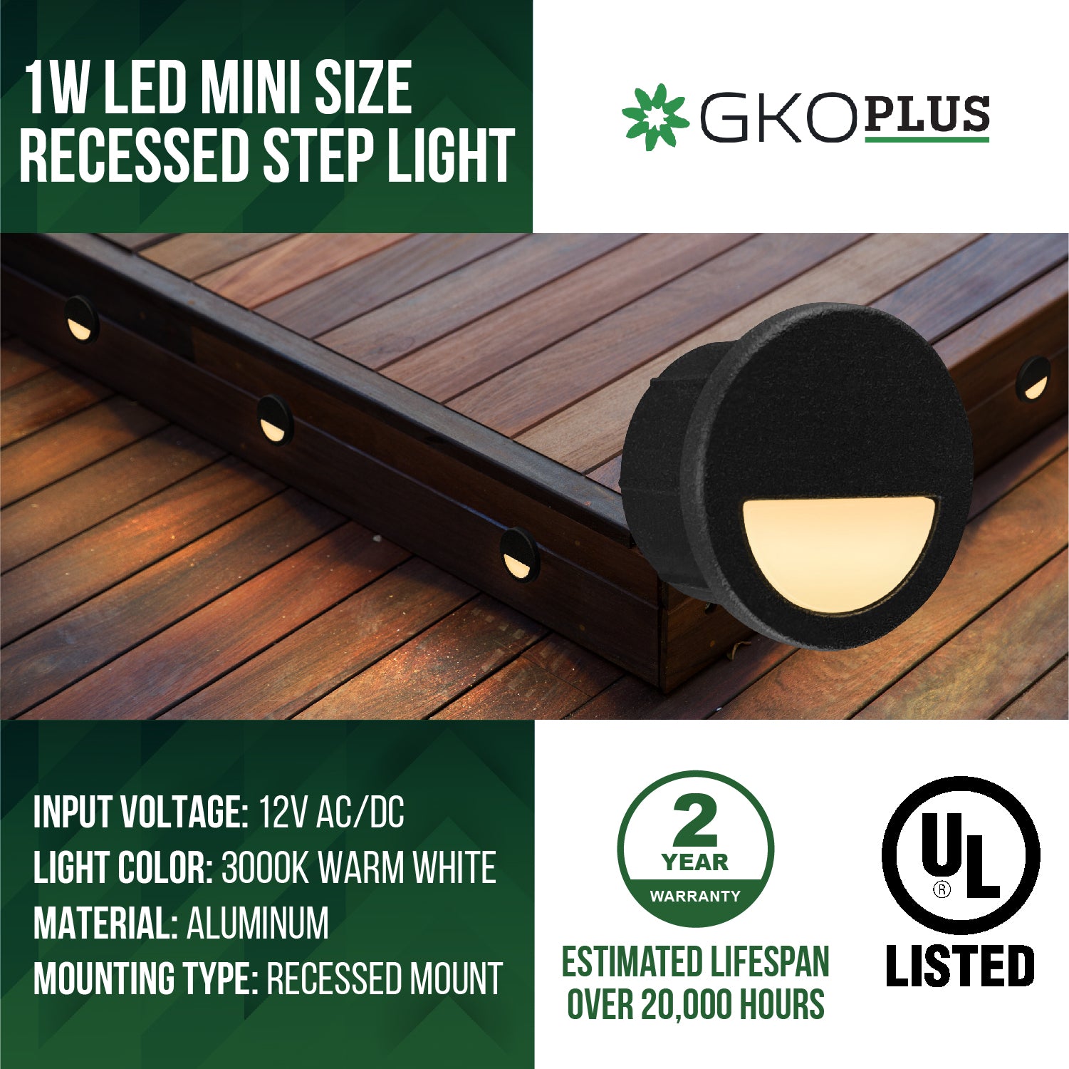 Low Voltage Recessed Stair Riser Light, Mini Size Eyelid Shape ∅1", Black, 12V AC/DC, 1W, 5lm, 3000K