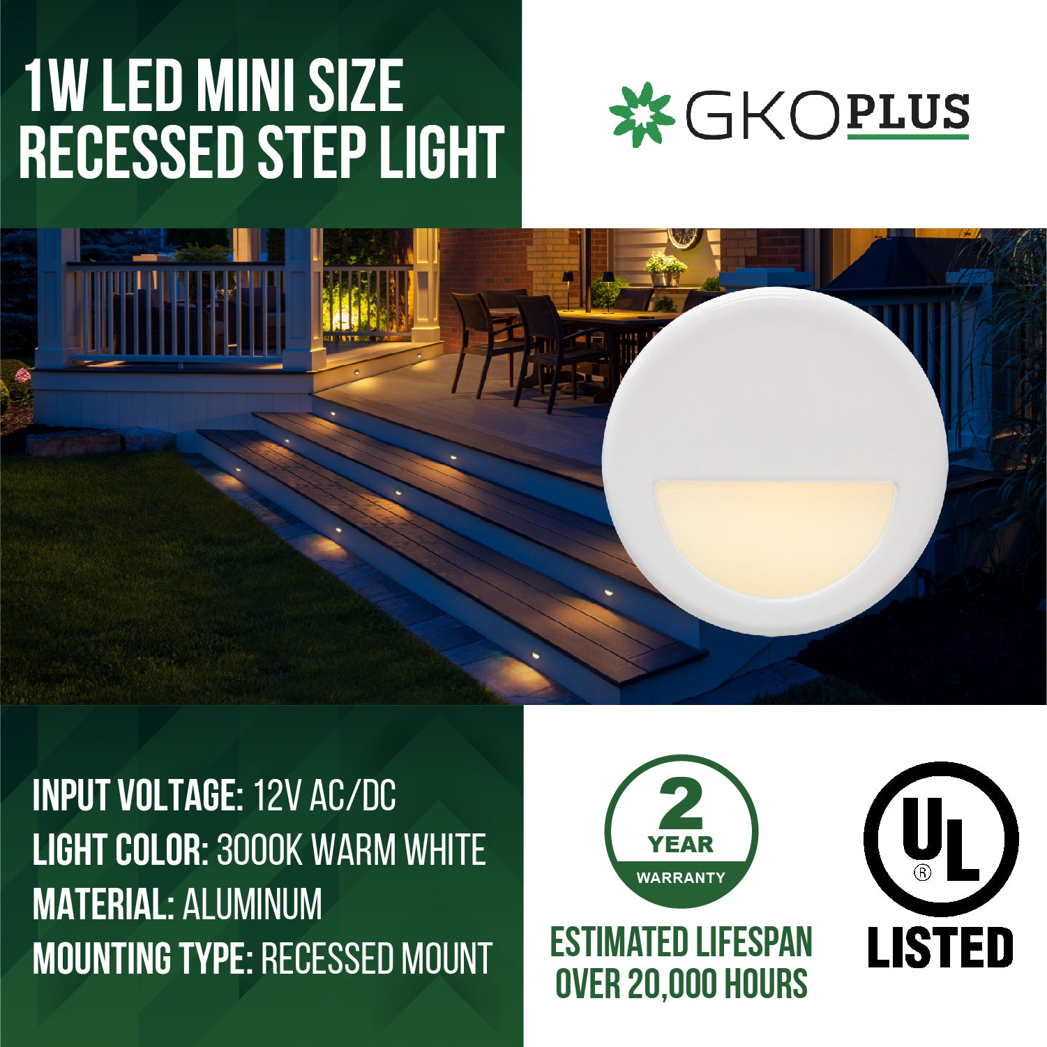 Low Voltage Recessed Stair Riser Light, Mini Size Eyelid Shape ∅1", White, 12V AC/DC, 1W, 6lm, 3000K