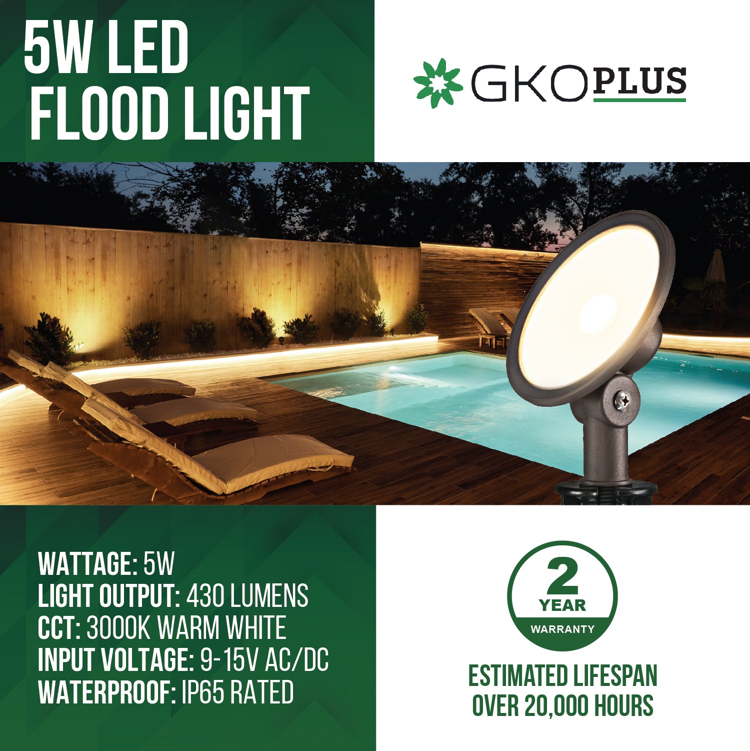 Low Voltage Round Flood Light, Wall Washer, 9-15V AC/DC, 5W, 430lm, 3000K, Dark Bronze