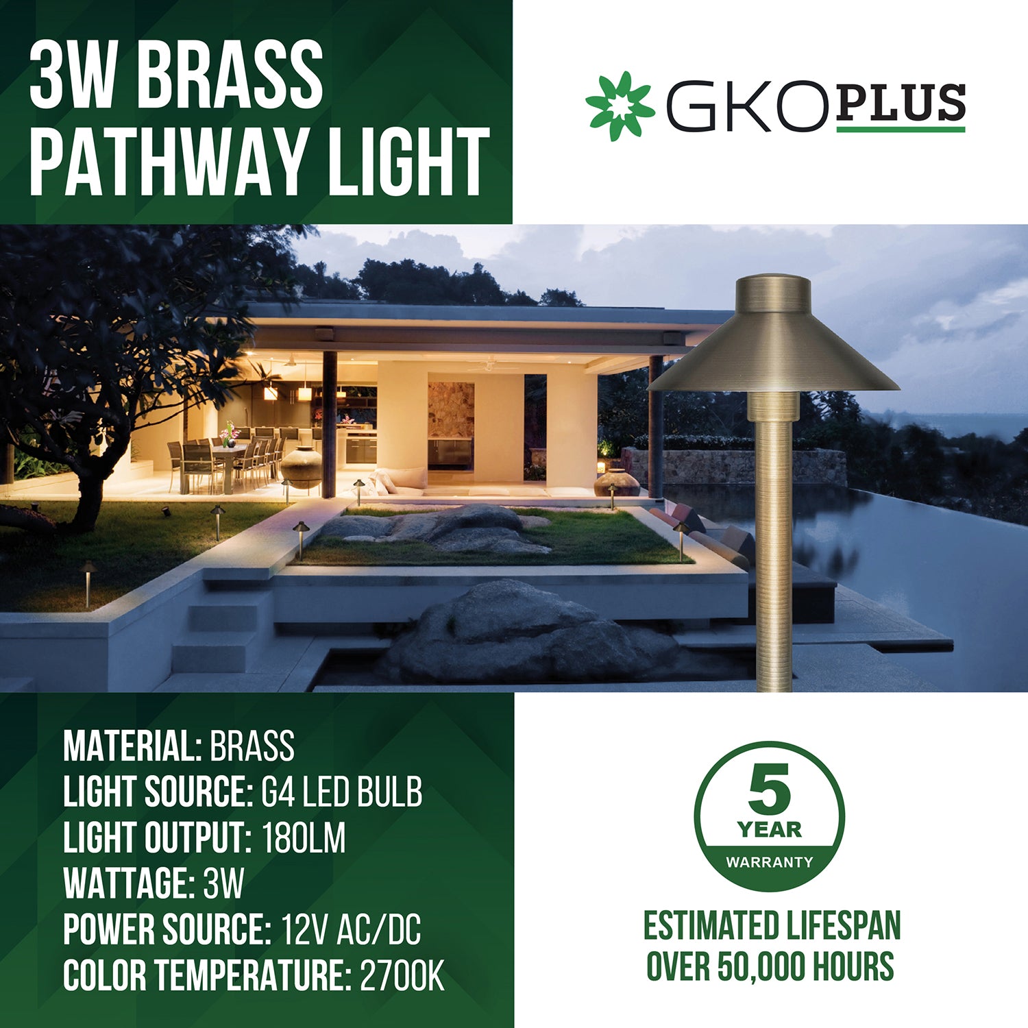Low Voltage Solid Brass Path Light, 3W, 12V AC/DC, IP65 Waterproof, 2700K, 180LM