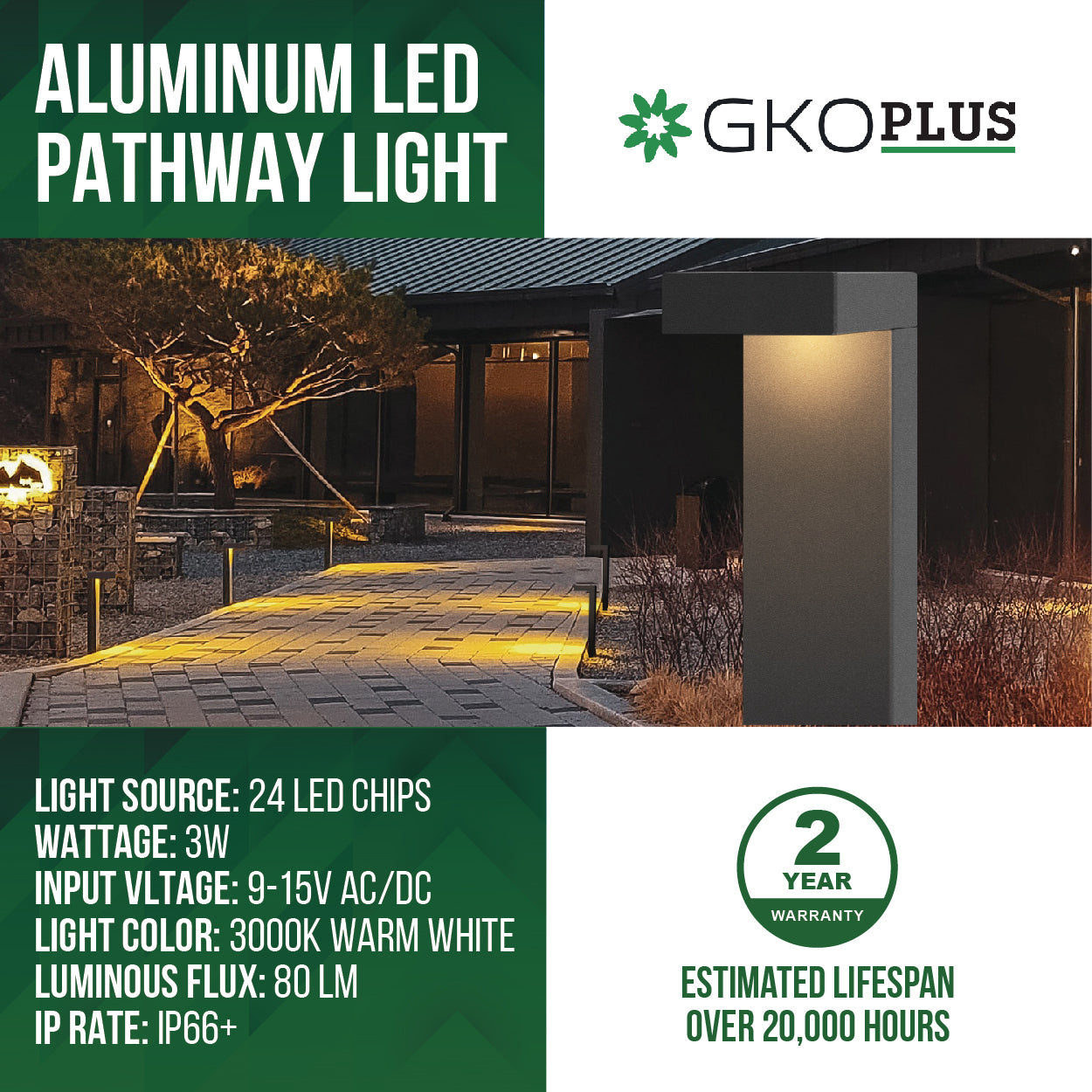 Low Voltage Landscape Pathway Light, 3W, 9-15V AC/DC, IP66+ Waterproof, 3000K