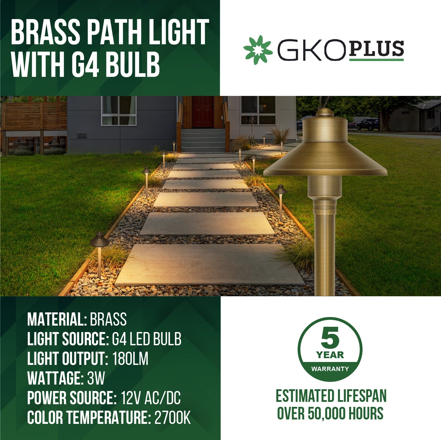 Low Voltage Solid Brass China Hat Path Light (5" Shade, 20" Tall), 3W, 12V AC/DC, IP65 Waterproof, 2700K
