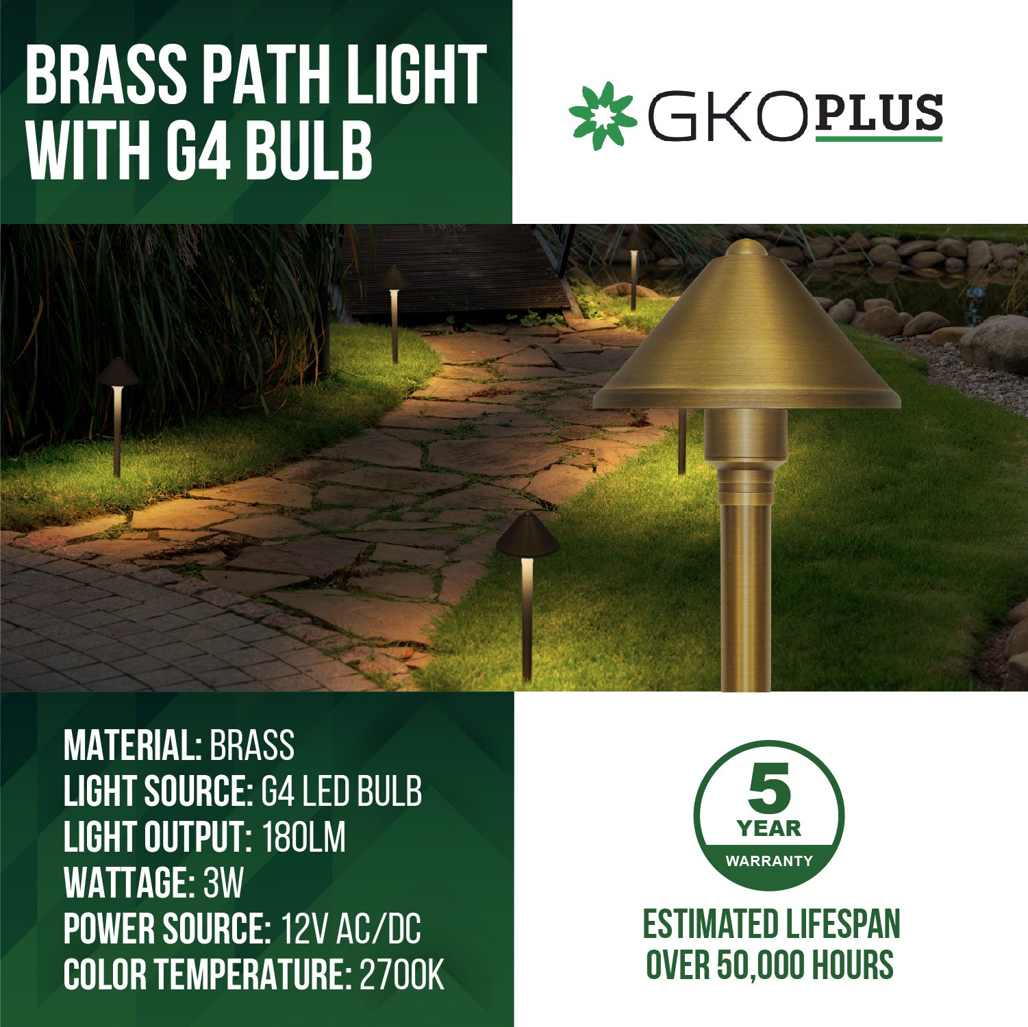 Solid Brass 12V Low Voltage Landscape Spotlight