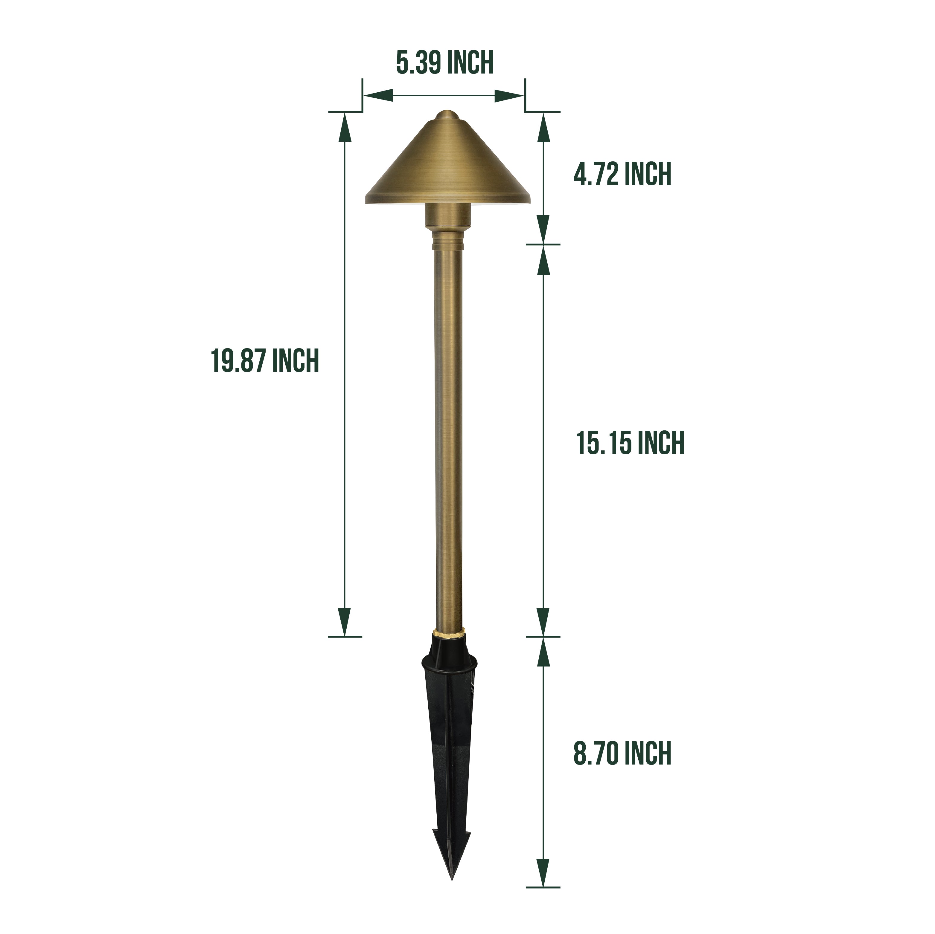 Low Voltage Solid Brass Conehead Path Light (5" Shade, 20" Tall), 3W, 12V AC/DC, IP65 Waterproof, 2700K