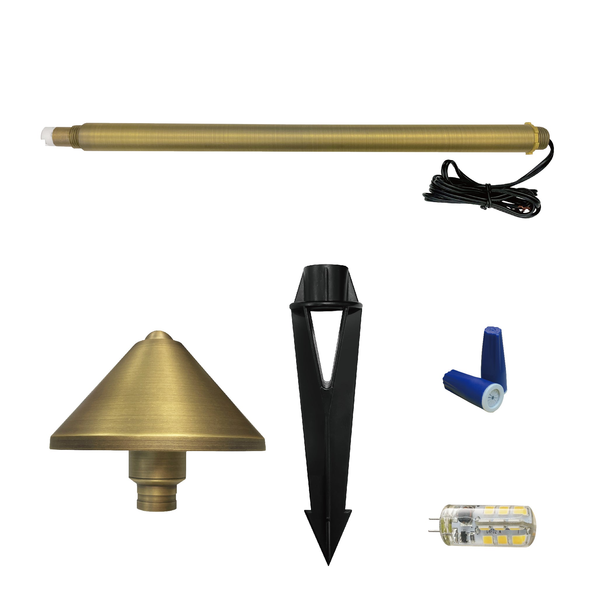 Low Voltage Solid Brass Pathway Light, Cone Head (5.4" Shade, 20" Tall), 12V AC/DC, 3W, 180lm, 2700K