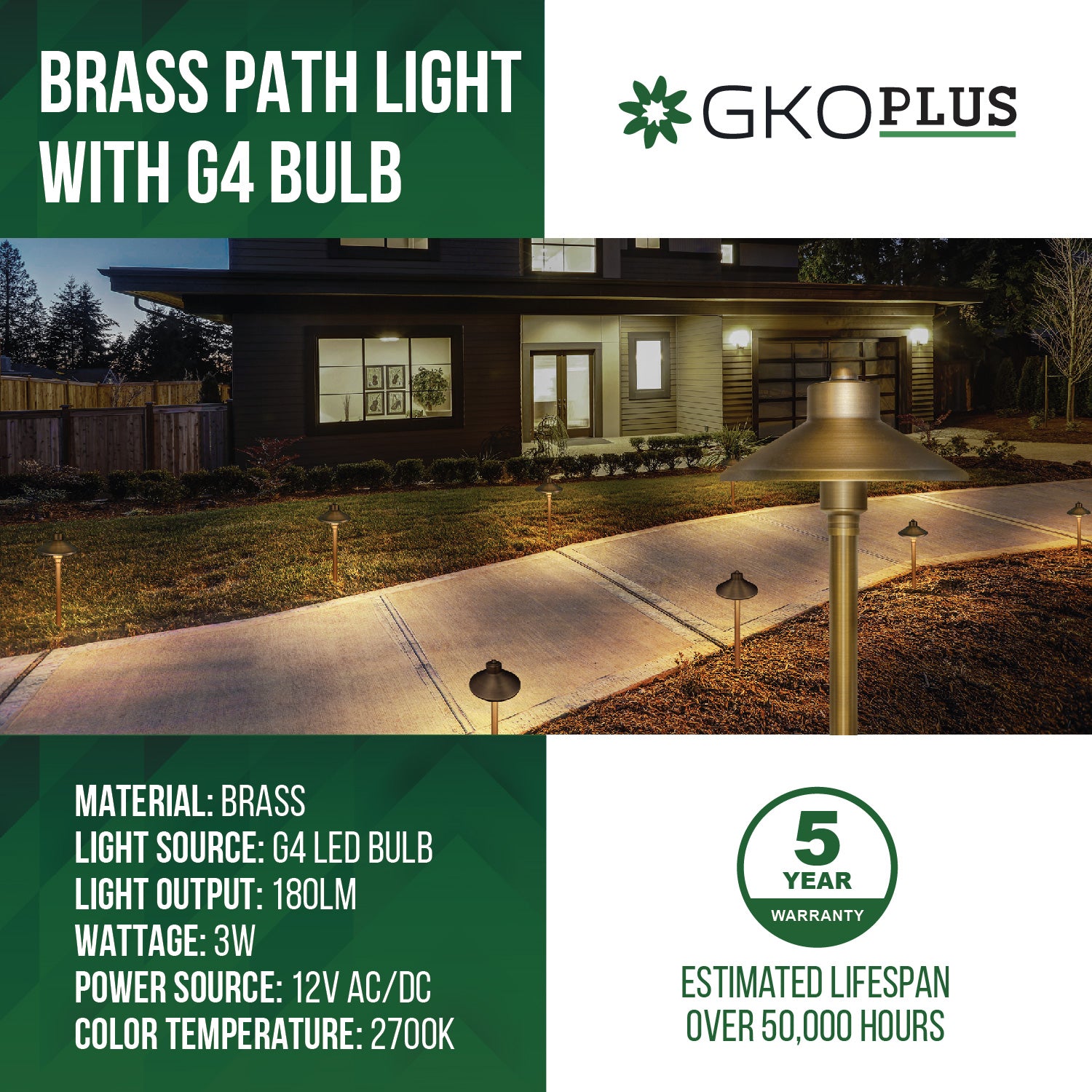 Low Voltage Solid Brass Pathway Light, Big China Hat (6.7" Shade, 20" Tall), 12V AC/DC, 3W, 180lm, 2700K