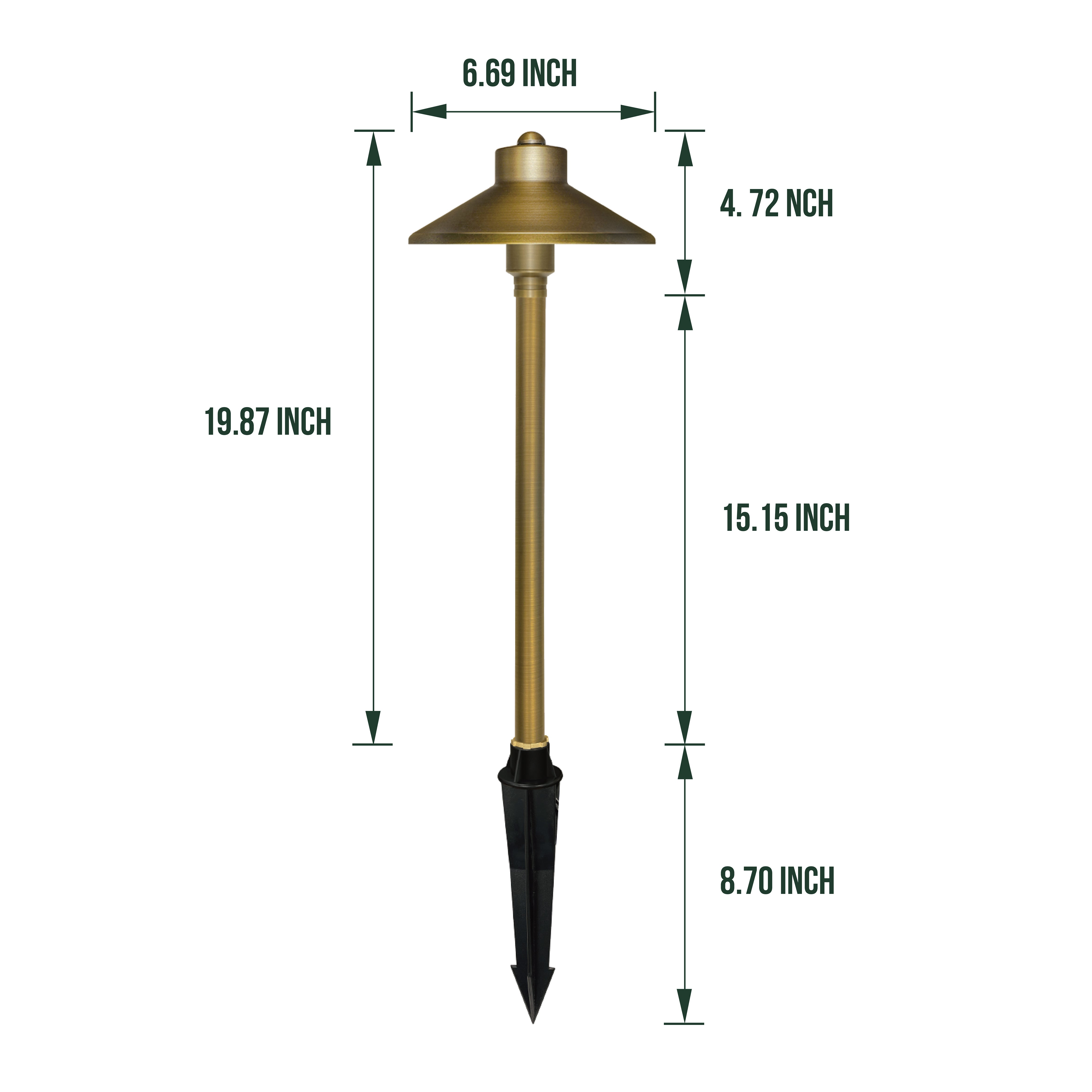 Low Voltage Solid Brass China Hat Path Light (6.7" Shade, 20" Tall), 3W, 12V AC/DC, IP65 Waterproof, 2700K