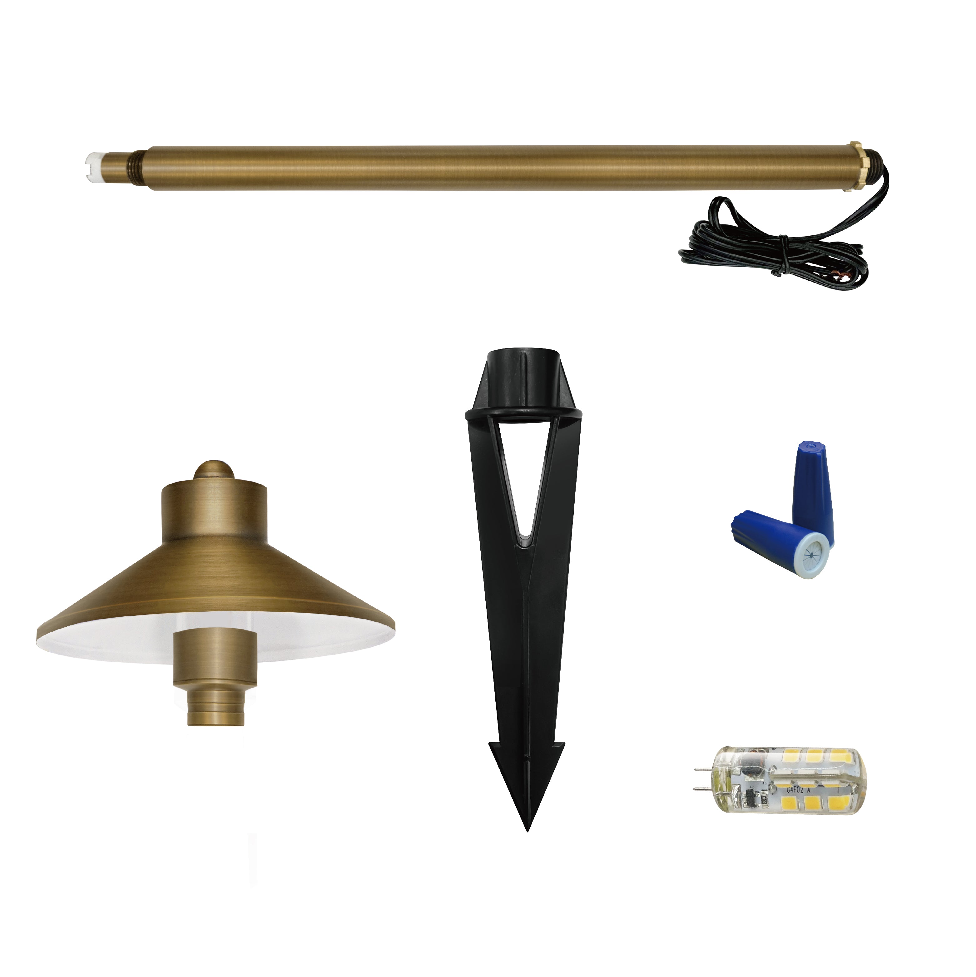 Low Voltage Solid Brass Pathway Light, Big China Hat (6.7" Shade, 20" Tall), 12V AC/DC, 3W, 180lm, 2700K
