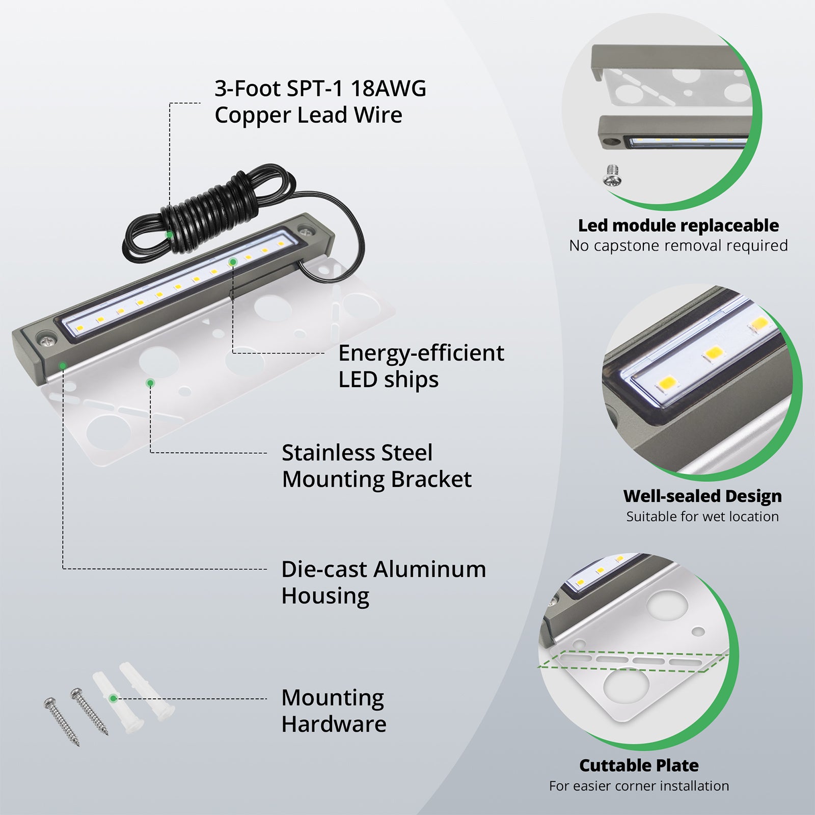 Replaceable Low Voltage Hardscape Light, Retaining Wall Lights, 6.8" Length, 9-15V AC/DC, 1.5W, 200lm, 2700K, Gray