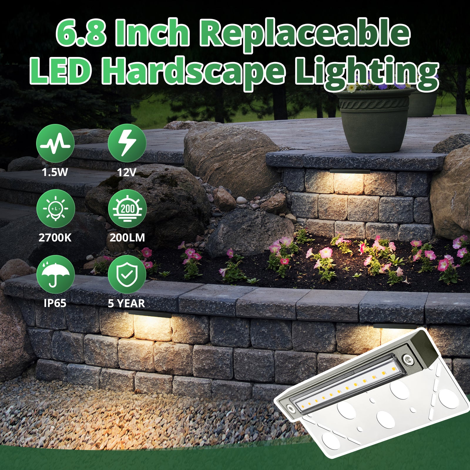 Replaceable Low Voltage Hardscape Light, Retaining Wall Lights, 6.8" Length, 9-15V AC/DC, 1.5W, 200lm, 2700K, Gray