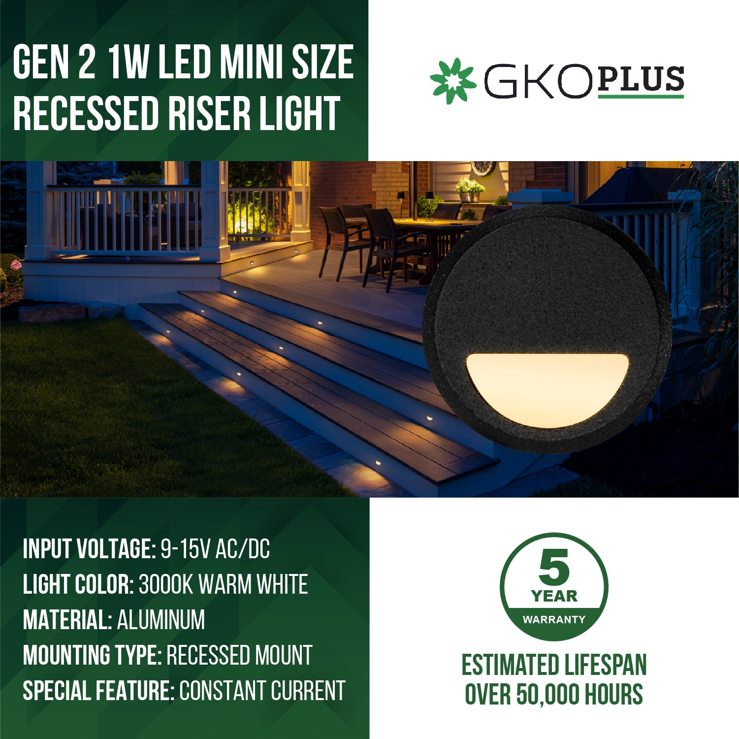Low Voltage Recessed Stair Riser Light, Mini Size Eyelid Shape ∅1", Black, 12V AC/DC, 1W, 5lm, 3000K Gen 2