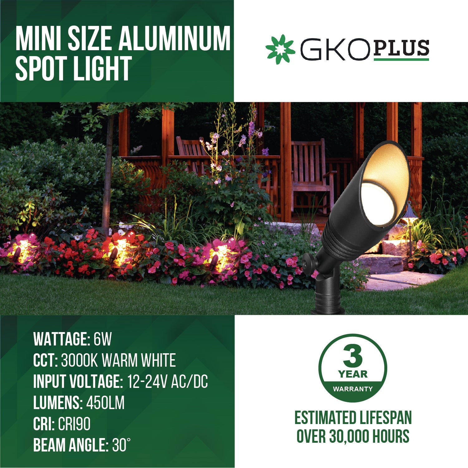 Low Voltage Mini Size Aluminum Landscape Spotlight, 12-24V AC/DC, 3000K, Black