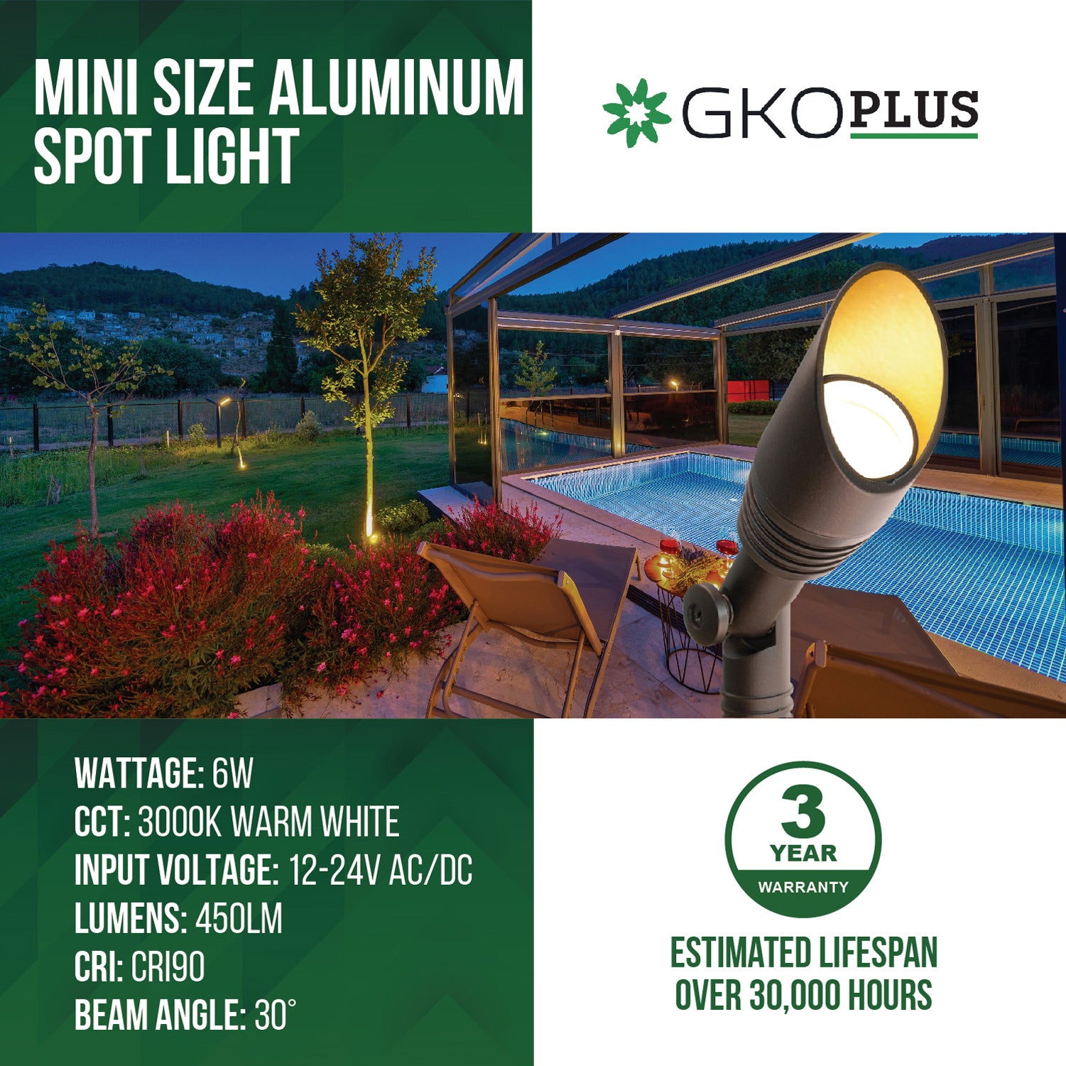 Low Voltage Mini Size Aluminum Landscape Spotlight, 12-24V AC/DC, 3000K, Brown