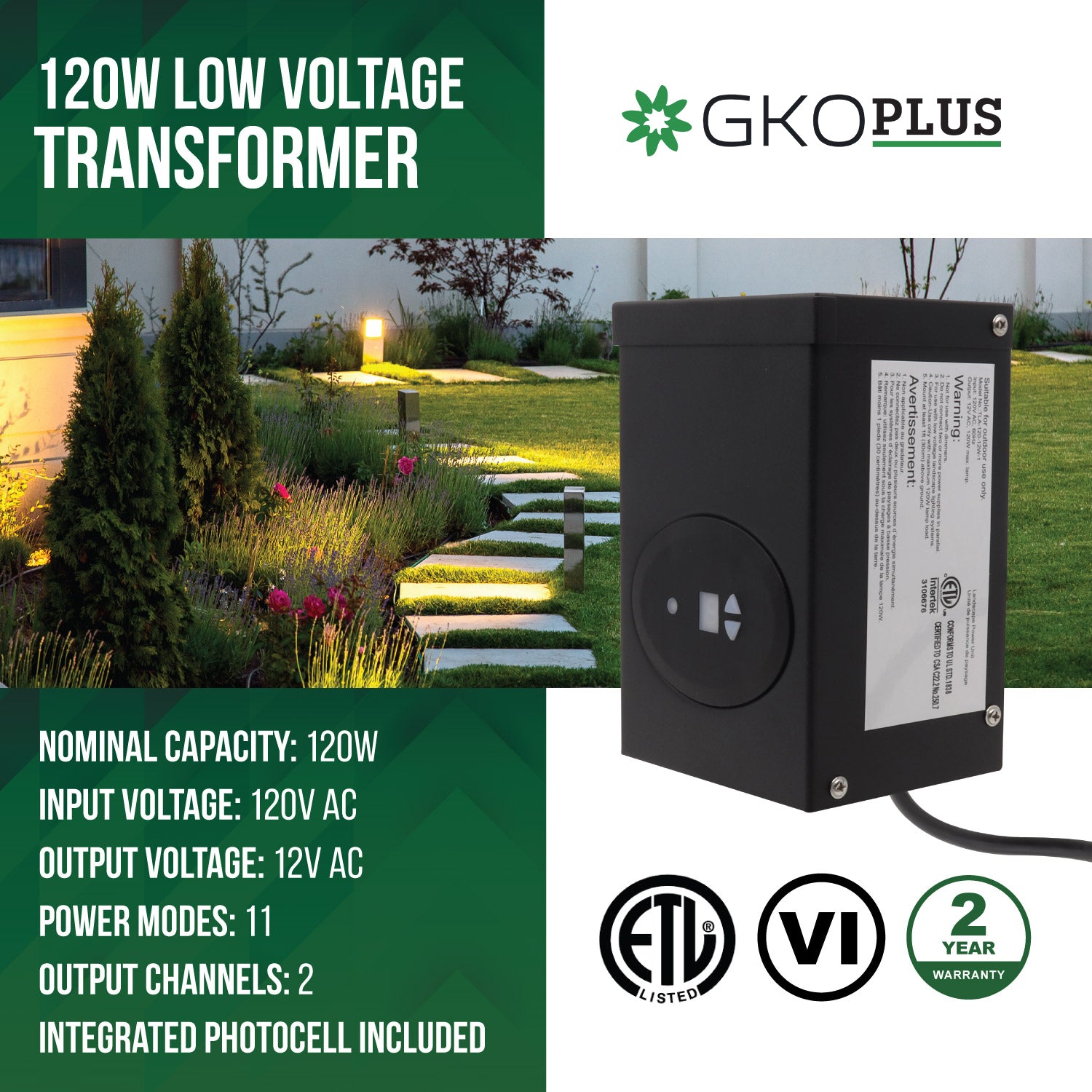120W Transformer, 120V AC to 12V AC, Integrated Photocell & Timer, 2 Output Channels, ETL Listed, CEC VI Certified
